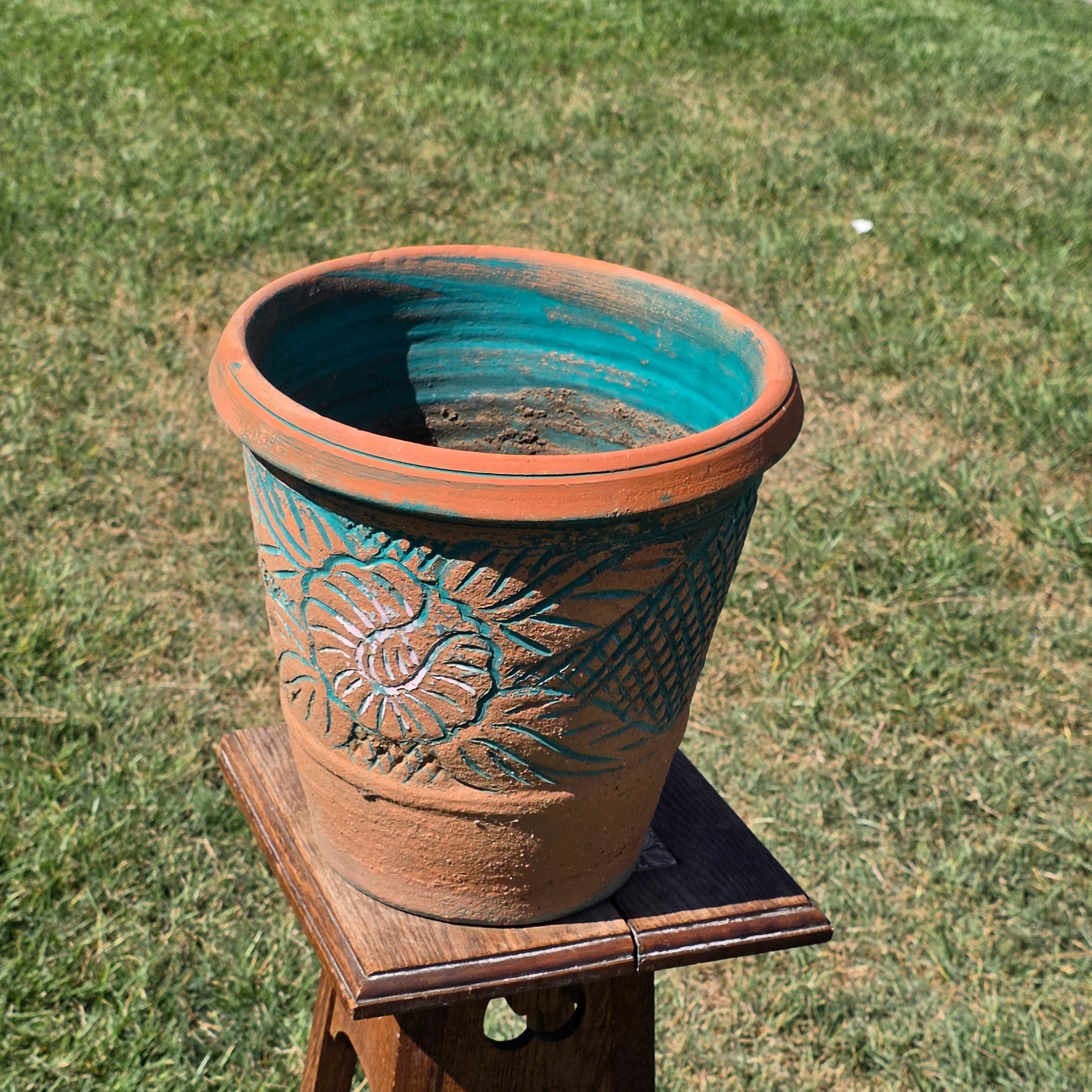 Vintage Southwestern Terracotta Planter Pot Turquoise Teal Carved Floral 12"