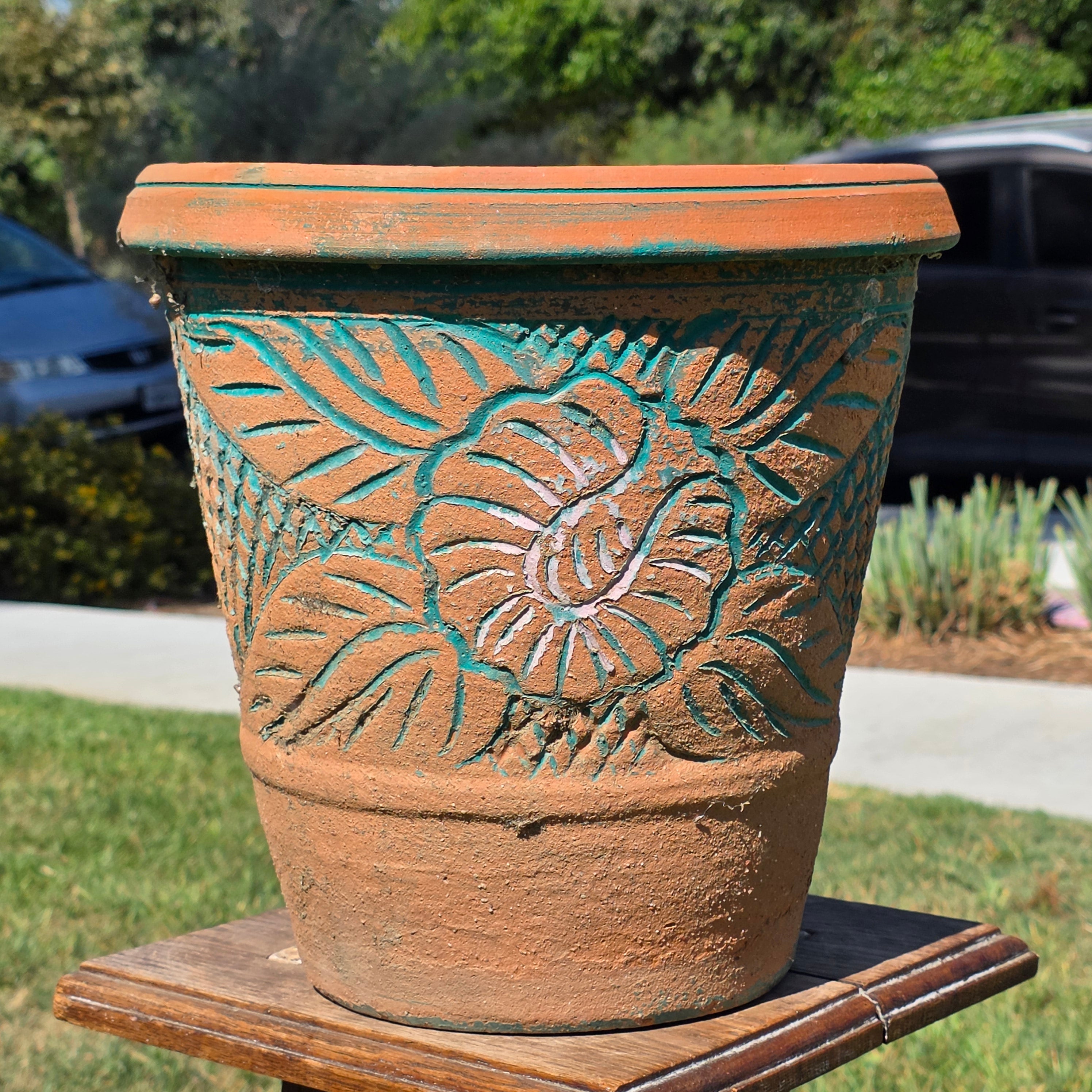 Vintage Southwestern Terracotta Planter Pot Turquoise Teal Carved Floral 12"