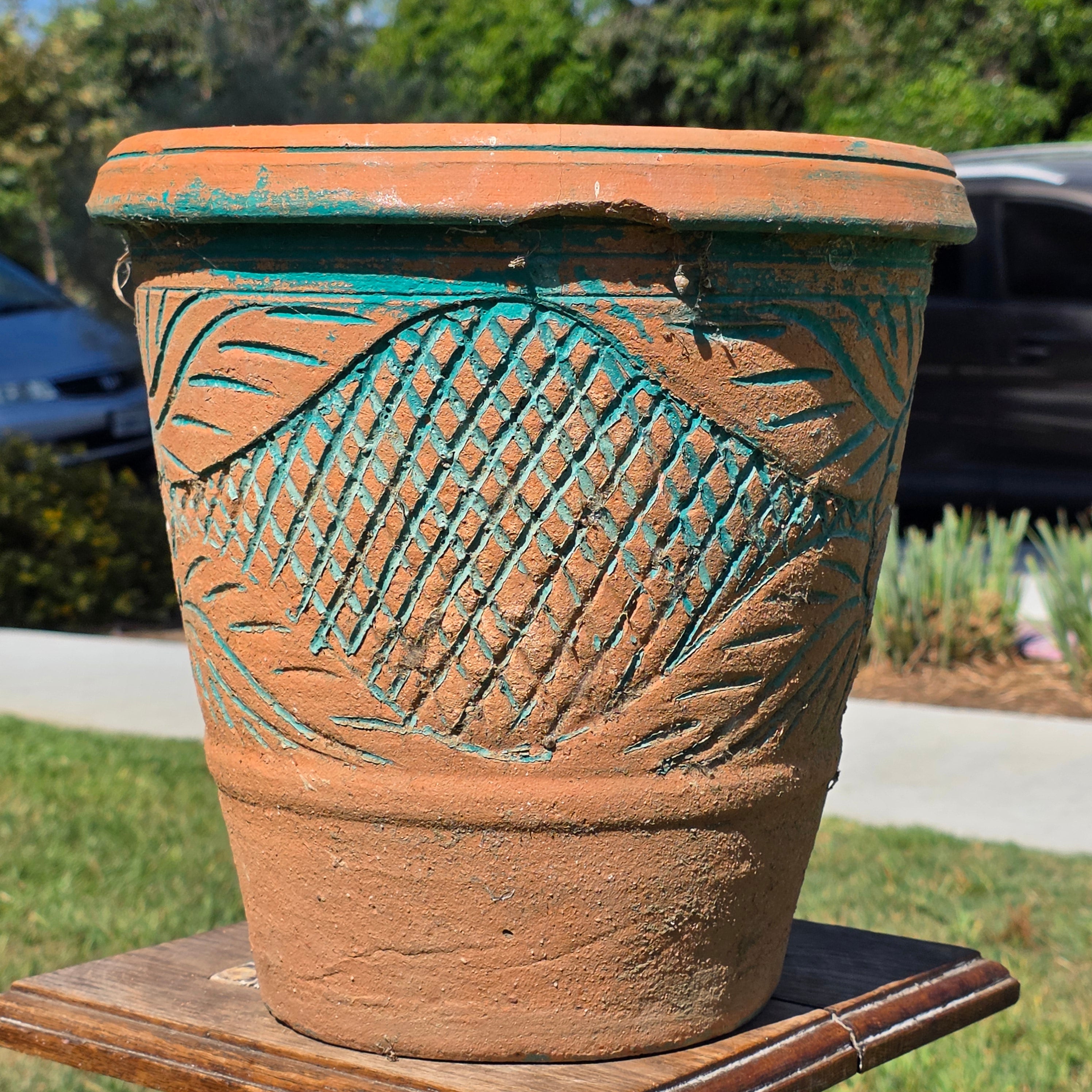 Vintage Southwestern Terracotta Planter Pot Turquoise Teal Carved Floral 12"
