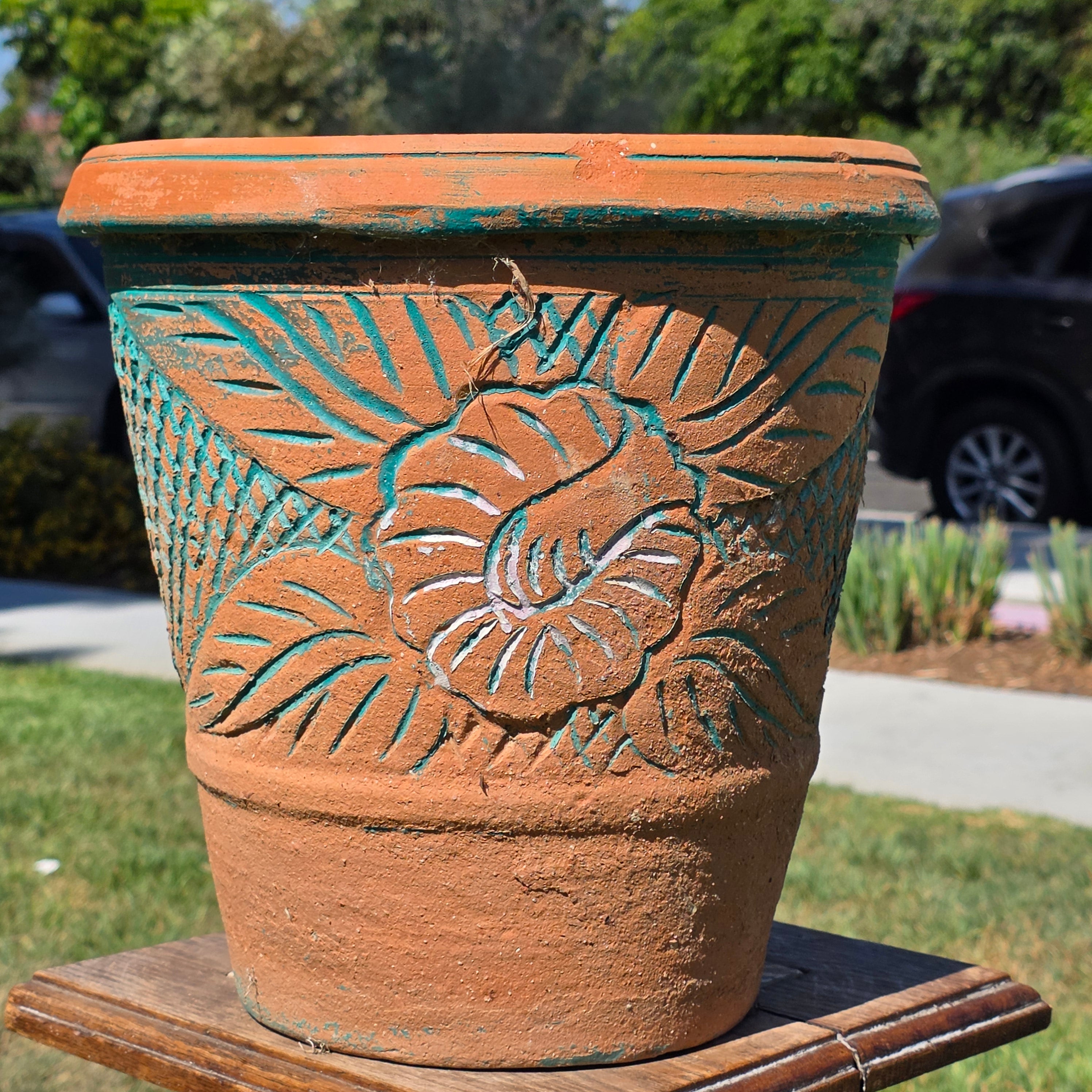 Vintage Southwestern Terracotta Planter Pot Turquoise Teal Carved Floral 12"