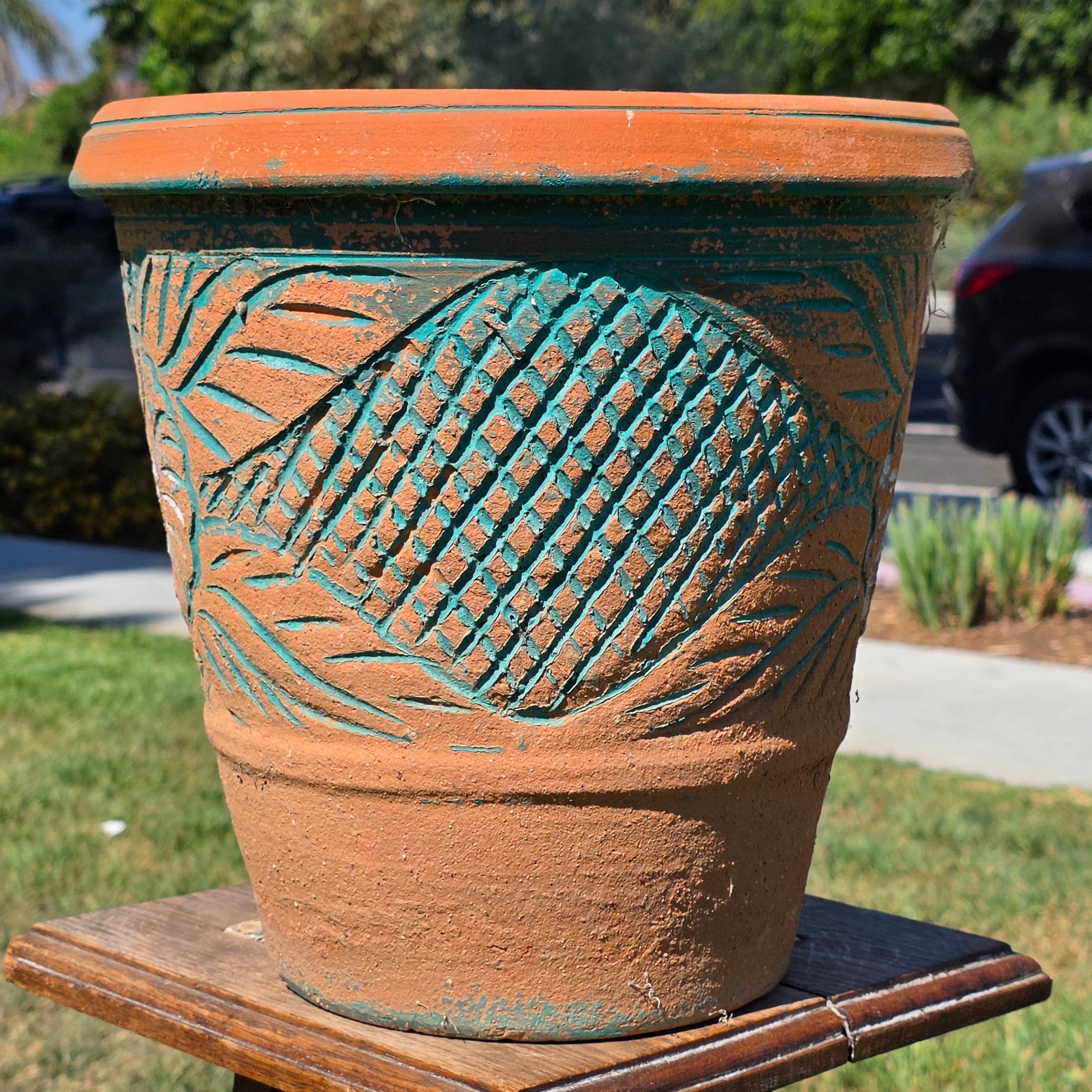 Vintage Southwestern Terracotta Planter Pot Turquoise Teal Carved Floral 12"