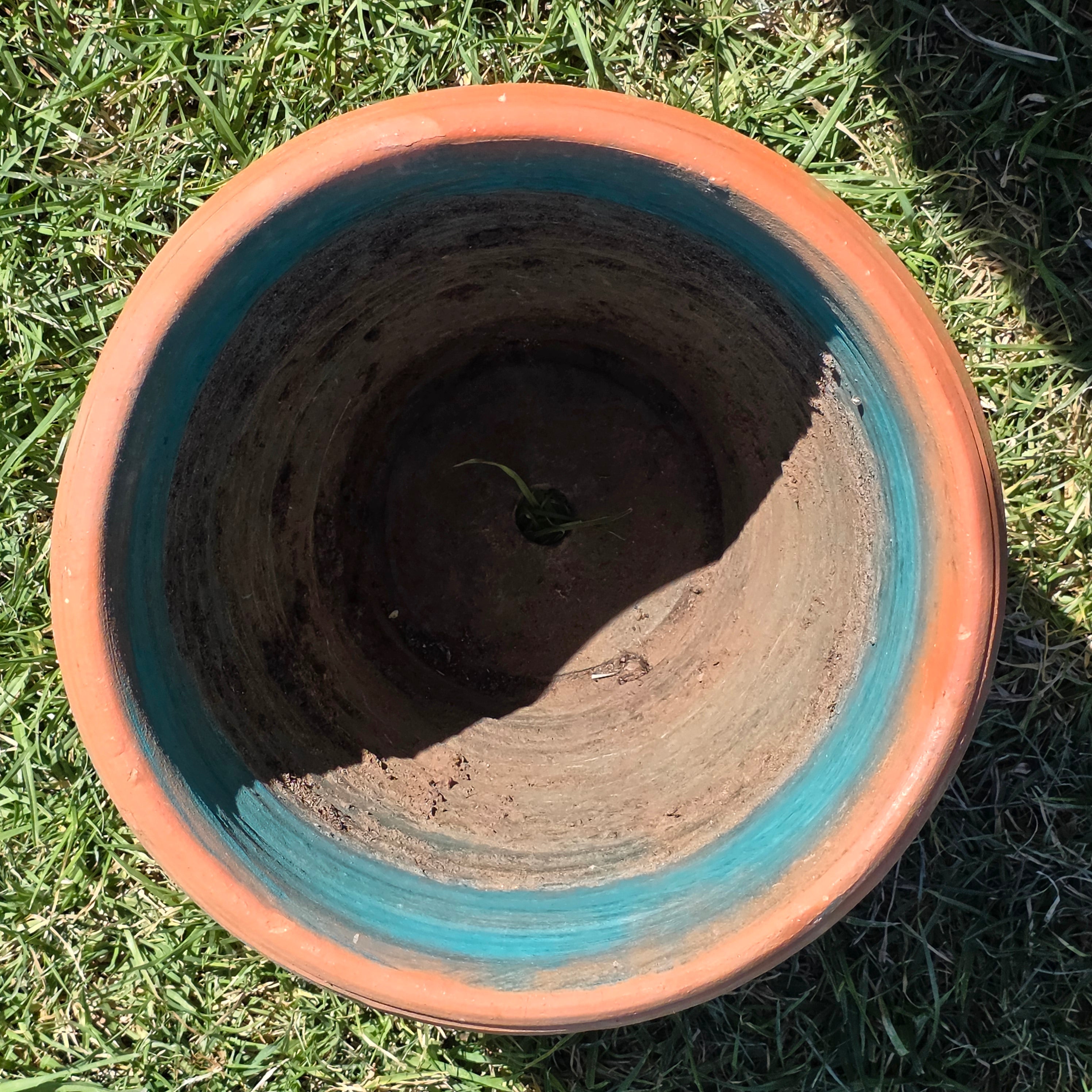 Vintage Southwestern Terracotta Planter Pot Turquoise Teal Carved Floral 12"