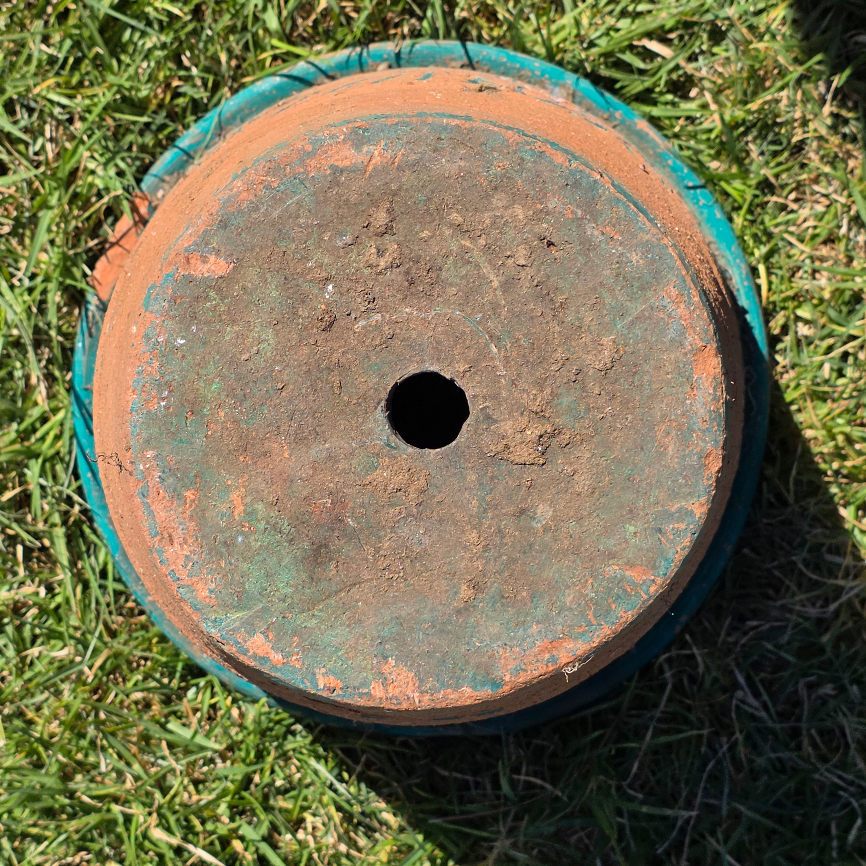 Vintage Southwestern Terracotta Planter Pot Turquoise Teal Carved Floral 12"