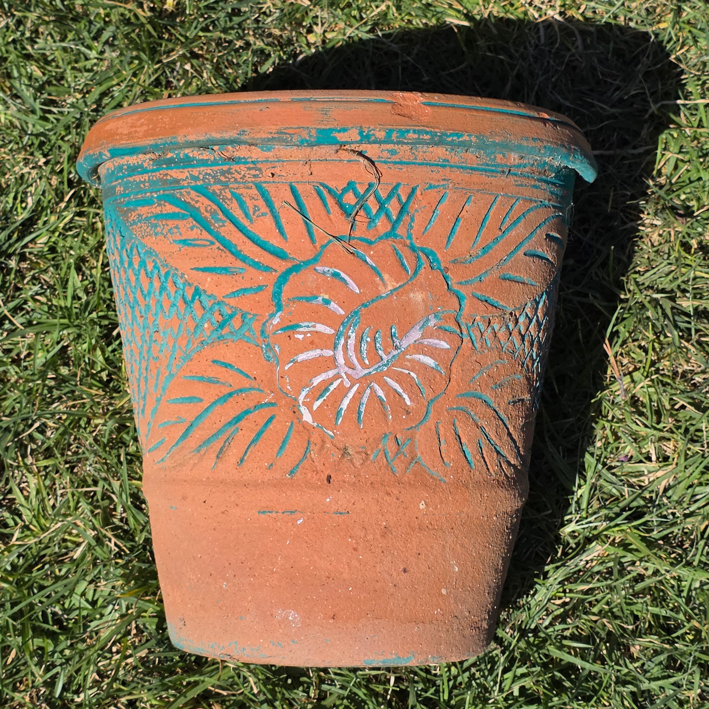 Vintage Southwestern Terracotta Planter Pot Turquoise Teal Carved Floral 12"