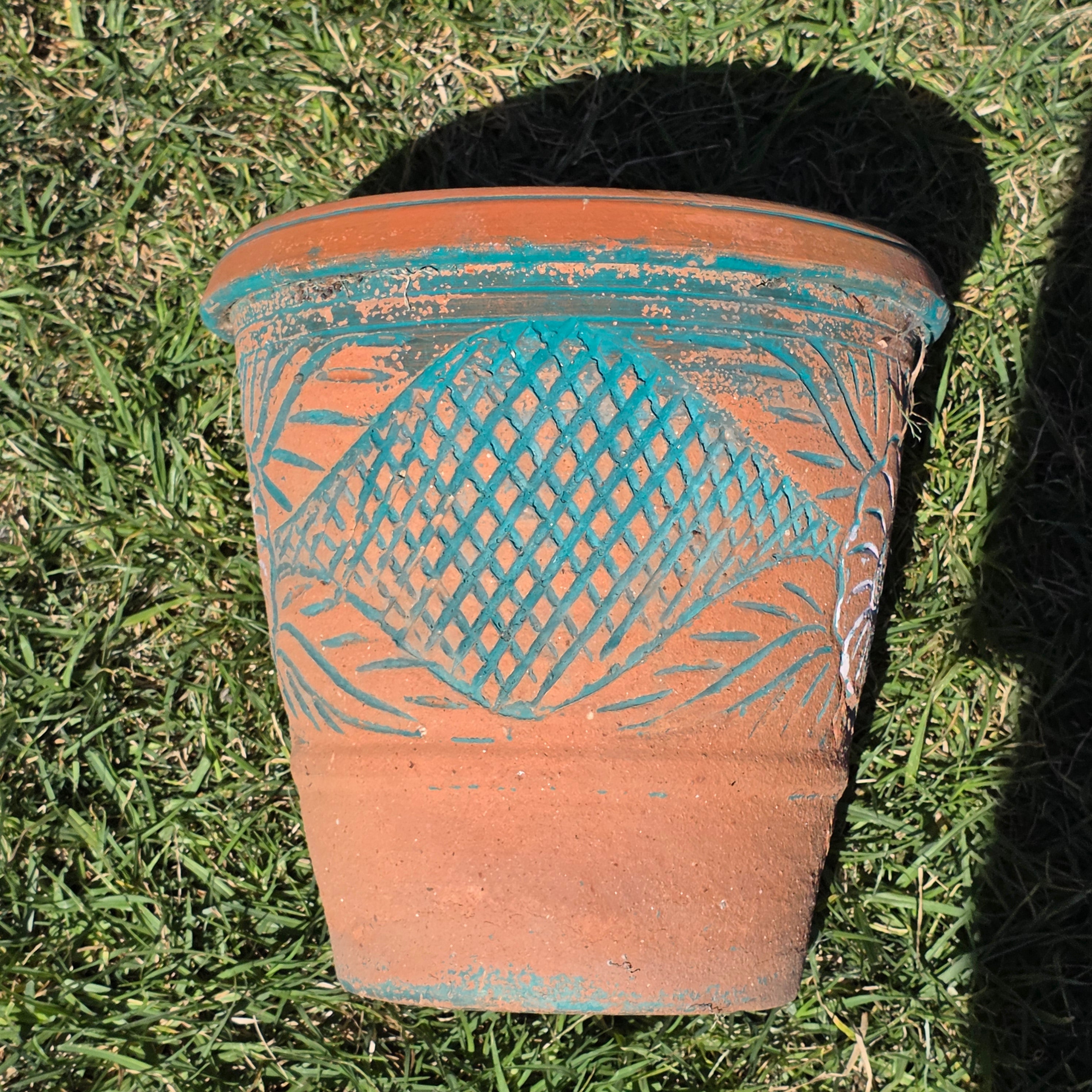 Vintage Southwestern Terracotta Planter Pot Turquoise Teal Carved Floral 12"