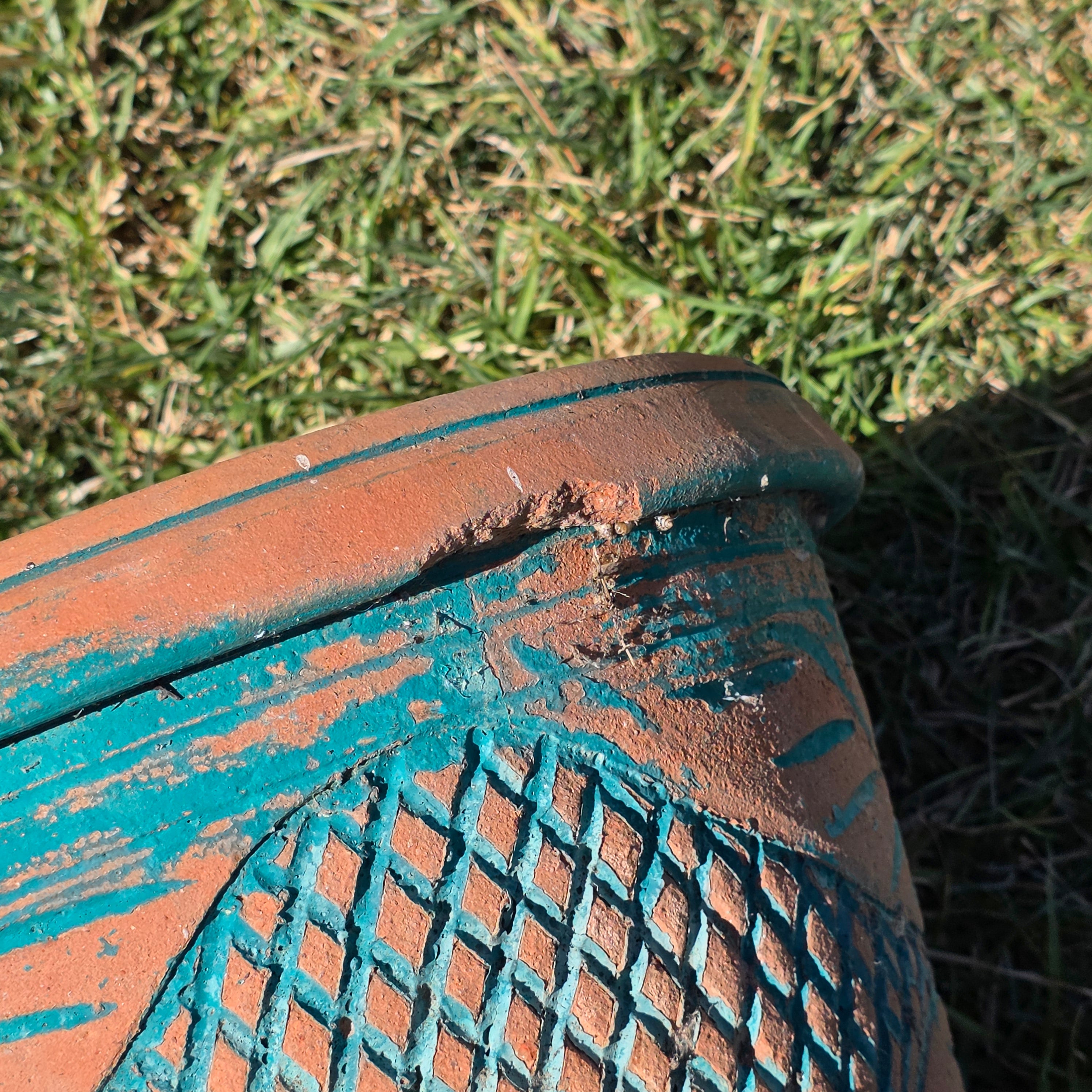 Vintage Southwestern Terracotta Planter Pot Turquoise Teal Carved Floral 12"