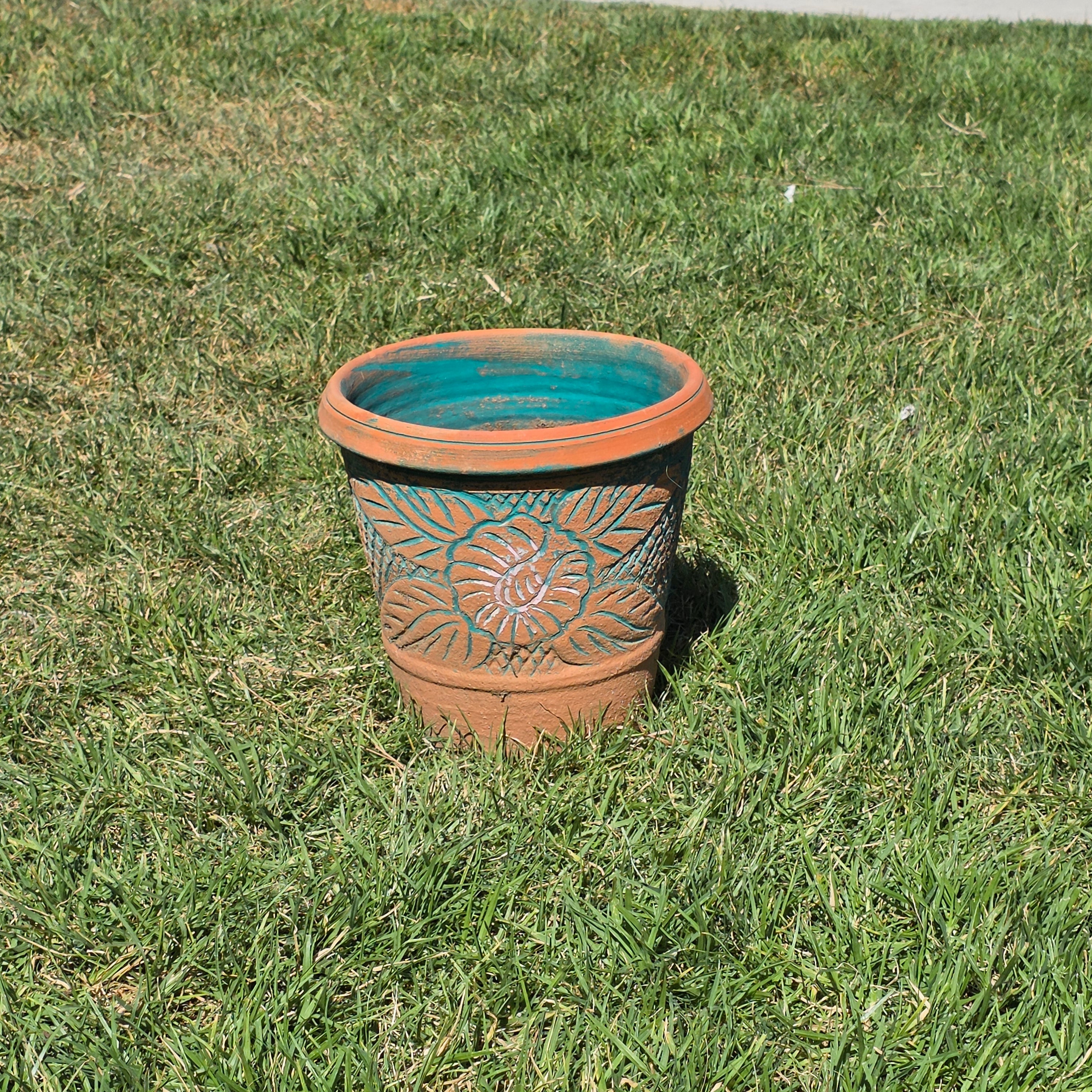 Vintage Southwestern Terracotta Planter Pot Turquoise Teal Carved Floral 12"