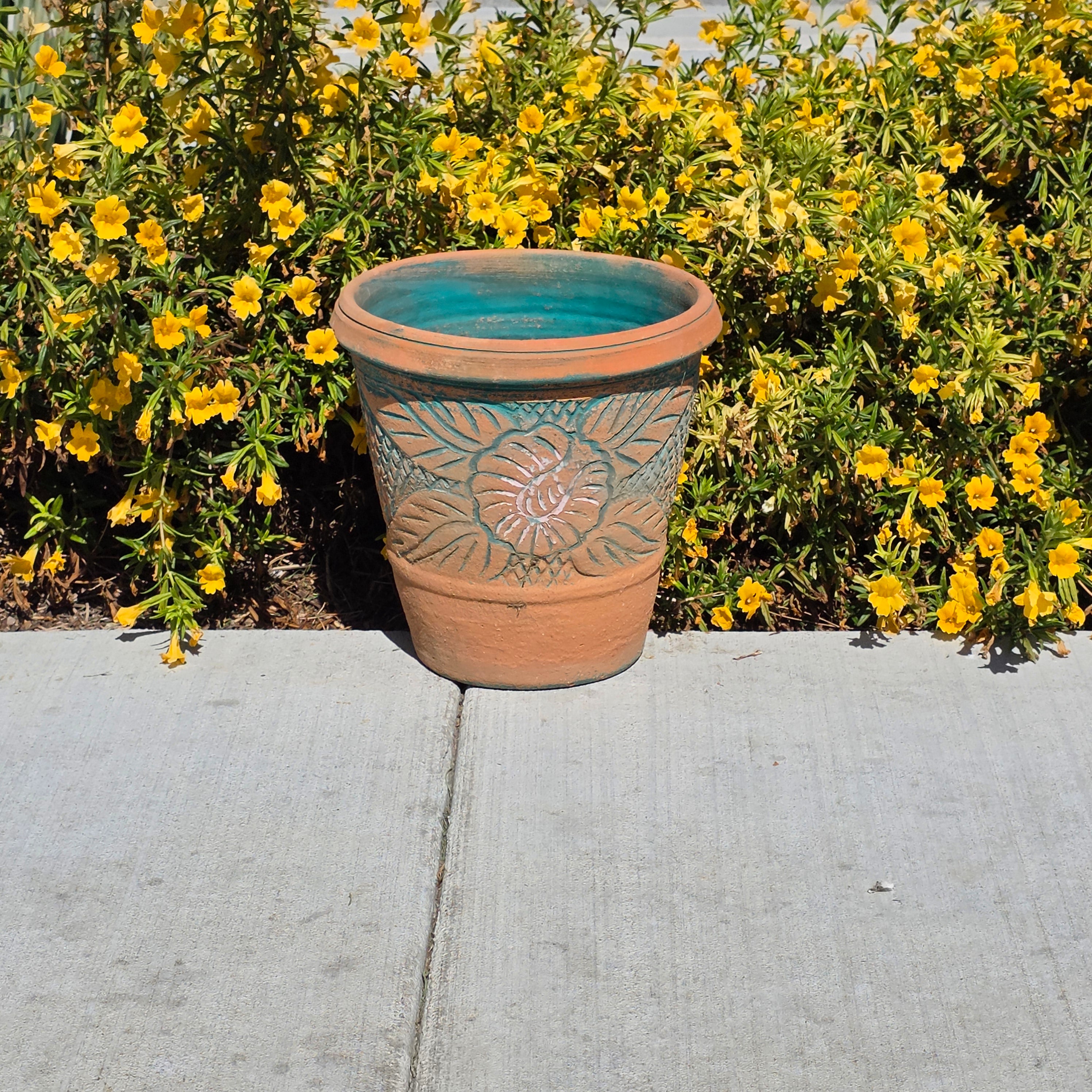 Vintage Southwestern Terracotta Planter Pot Turquoise Teal Carved Floral 12"