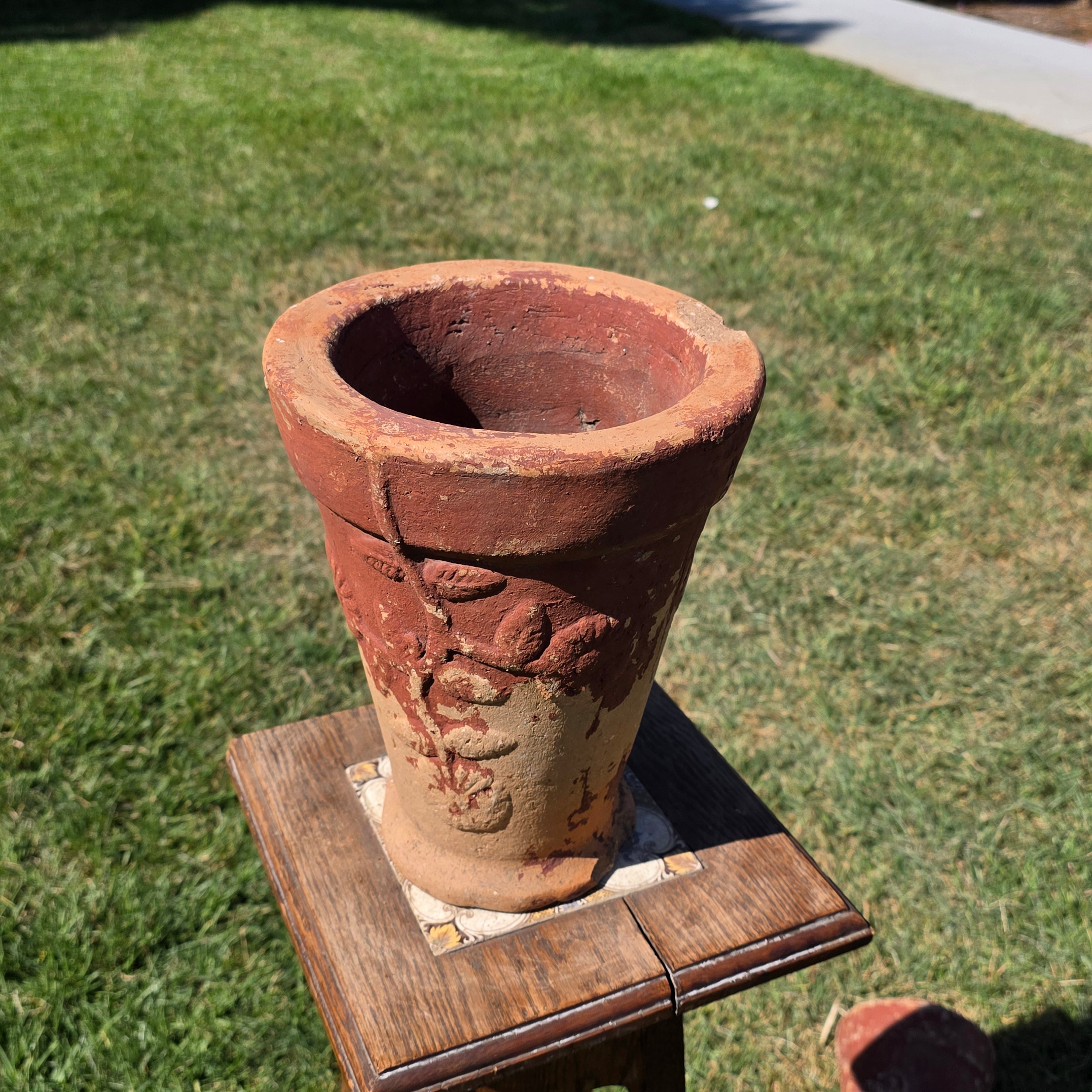 Vintage Terracotta Garden Planter Relief Flower Motif Aged Clay Pot Heavy 11.5"
