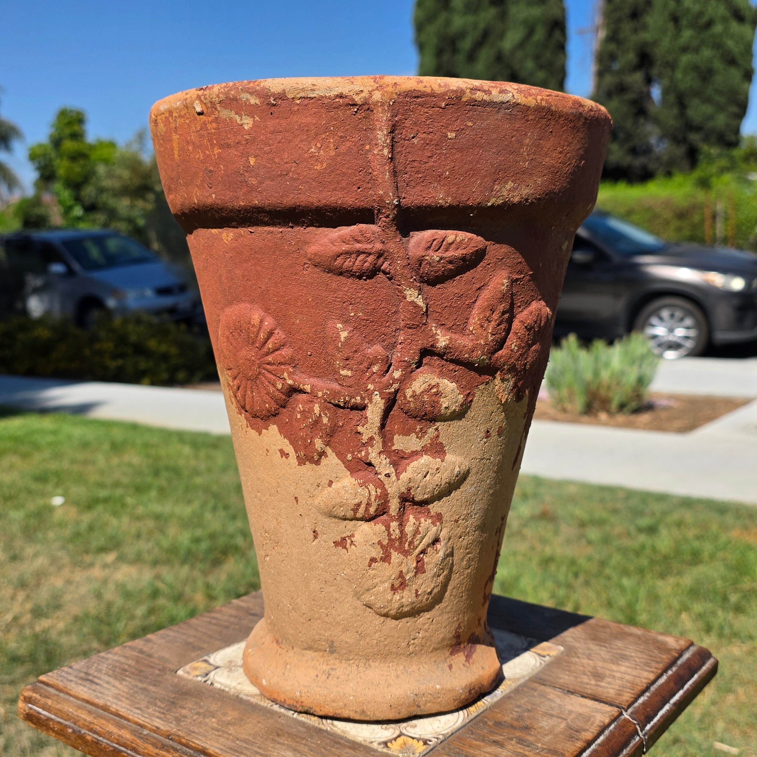 Vintage Terracotta Garden Planter Relief Flower Motif Aged Clay Pot Heavy 11.5"