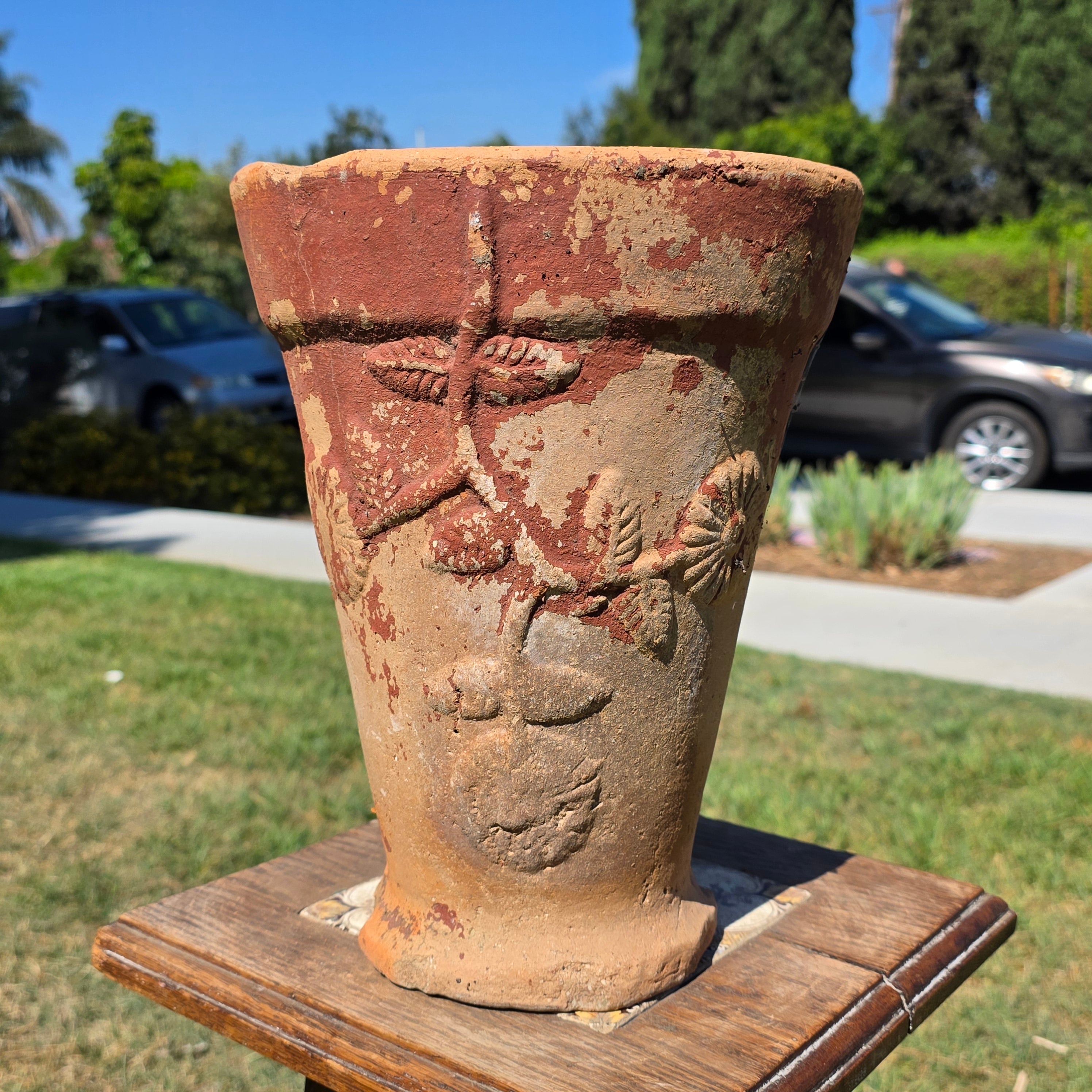 Vintage Terracotta Garden Planter Relief Flower Motif Aged Clay Pot Heavy 11.5"