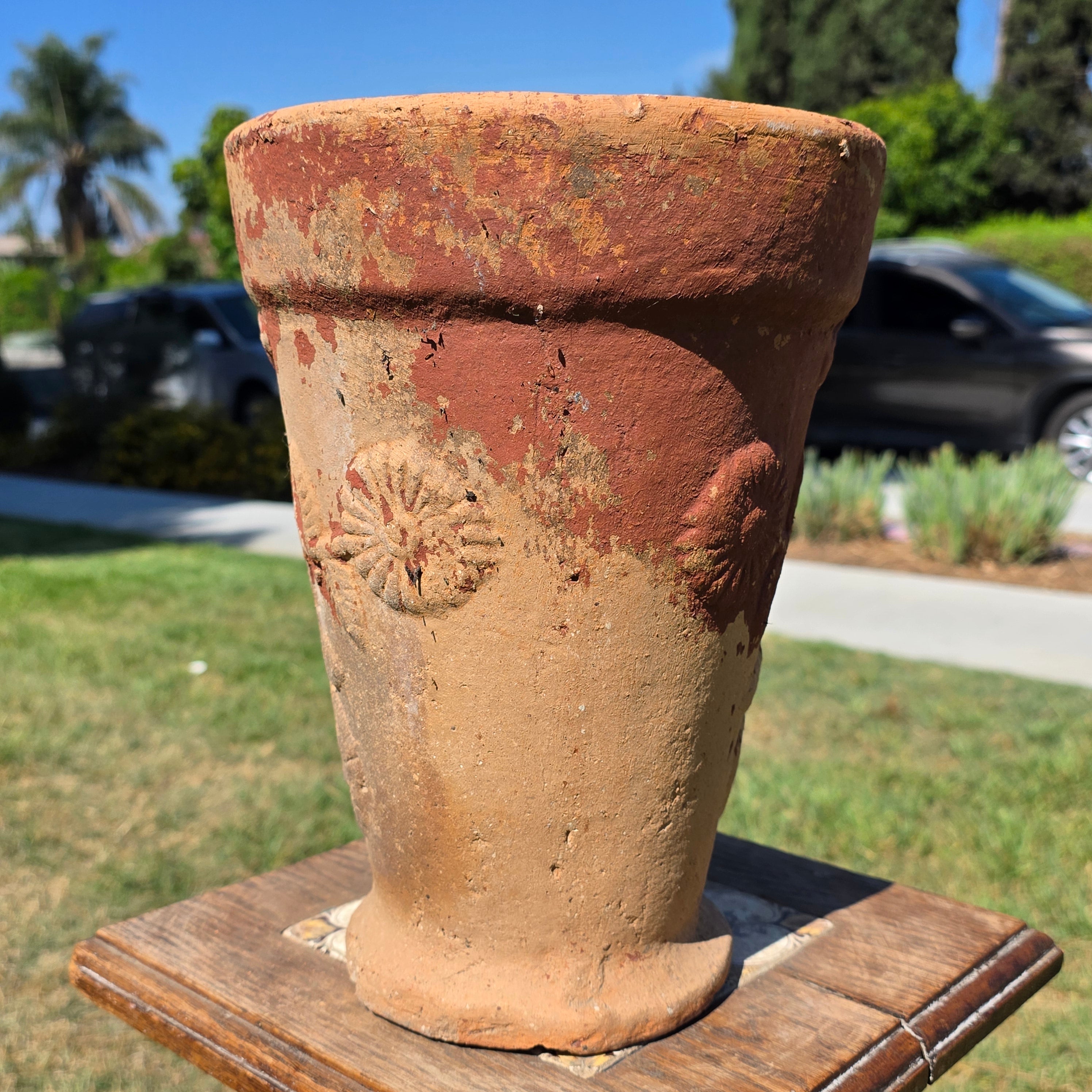 Vintage Terracotta Garden Planter Relief Flower Motif Aged Clay Pot Heavy 11.5"