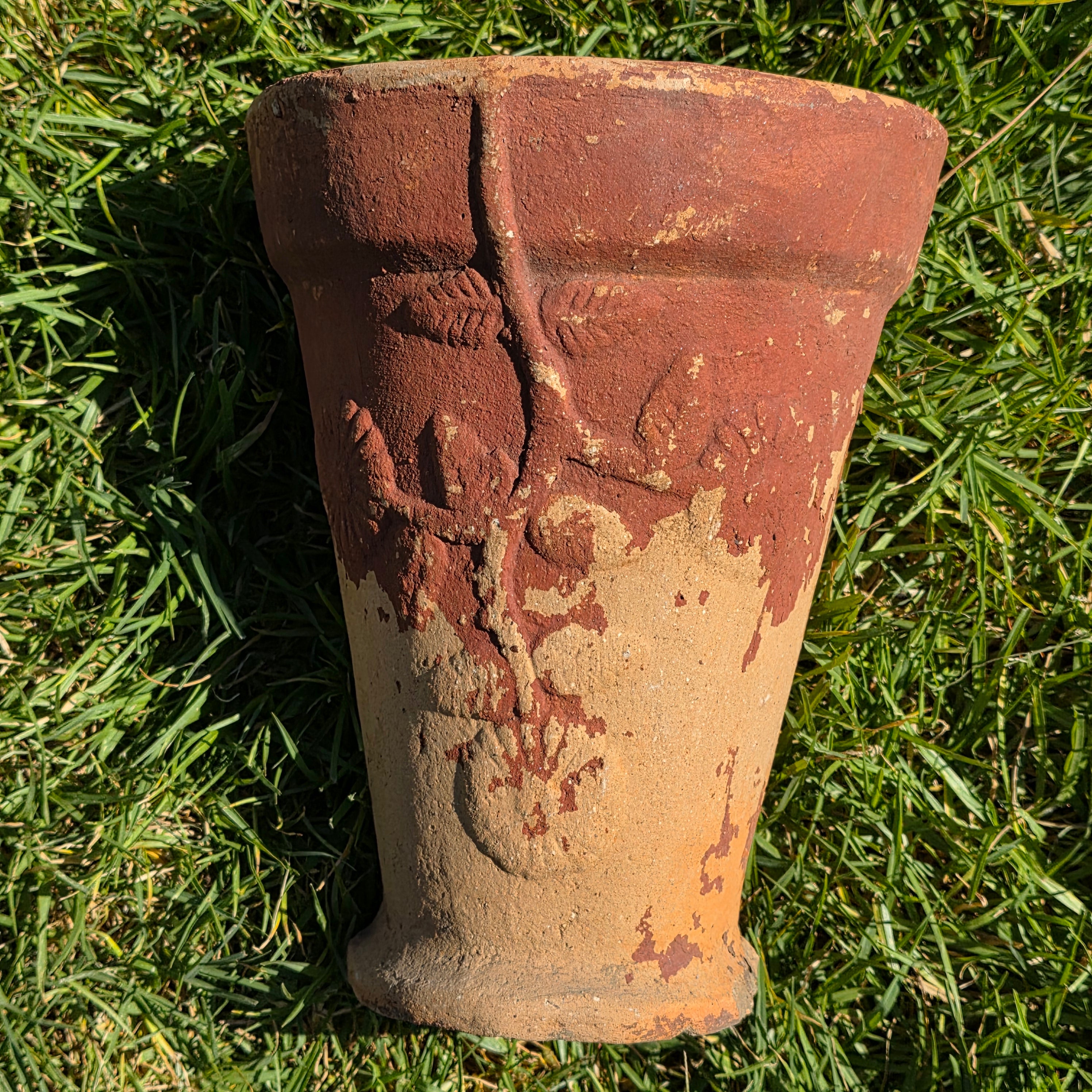 Vintage Terracotta Garden Planter Relief Flower Motif Aged Clay Pot Heavy 11.5"