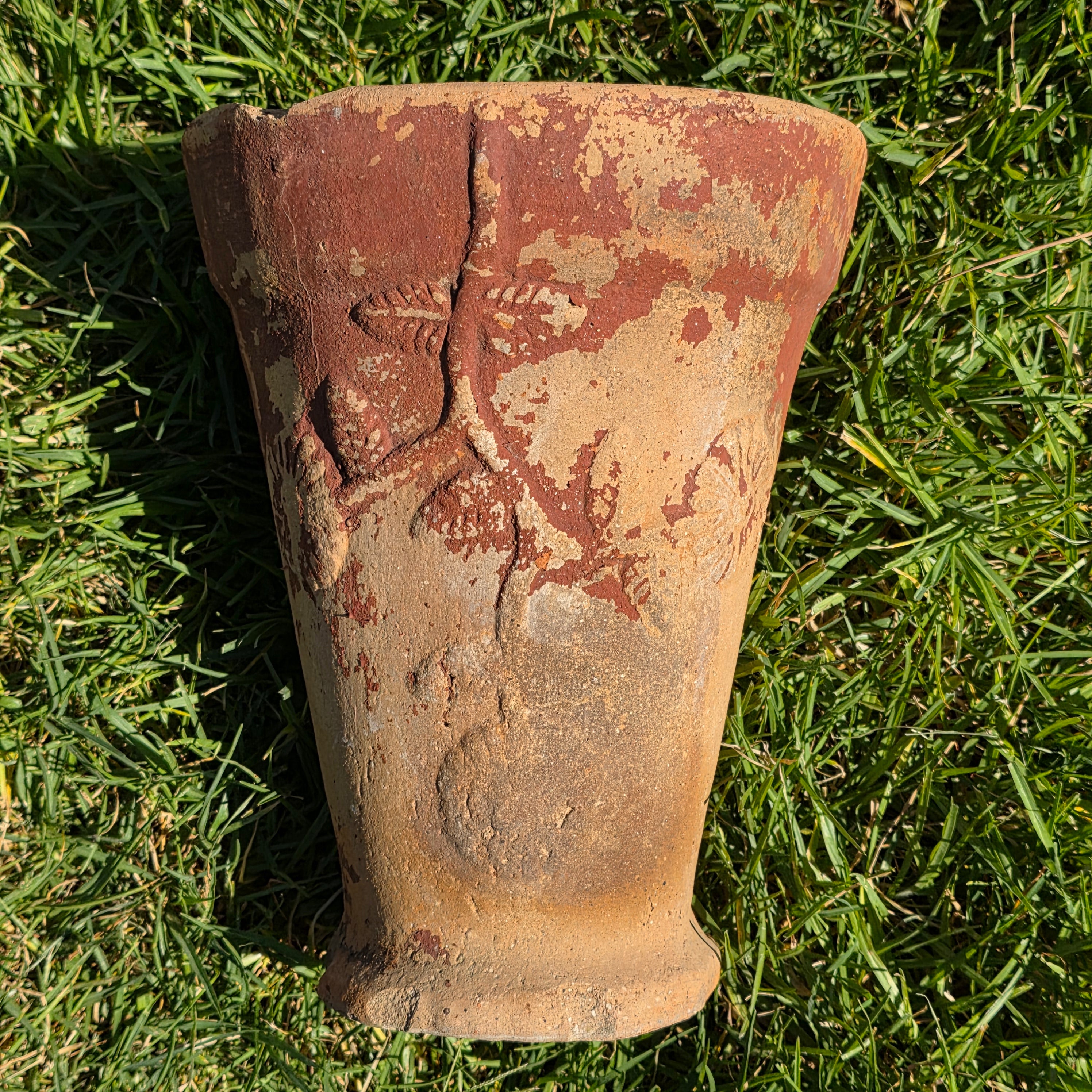 Vintage Terracotta Garden Planter Relief Flower Motif Aged Clay Pot Heavy 11.5"