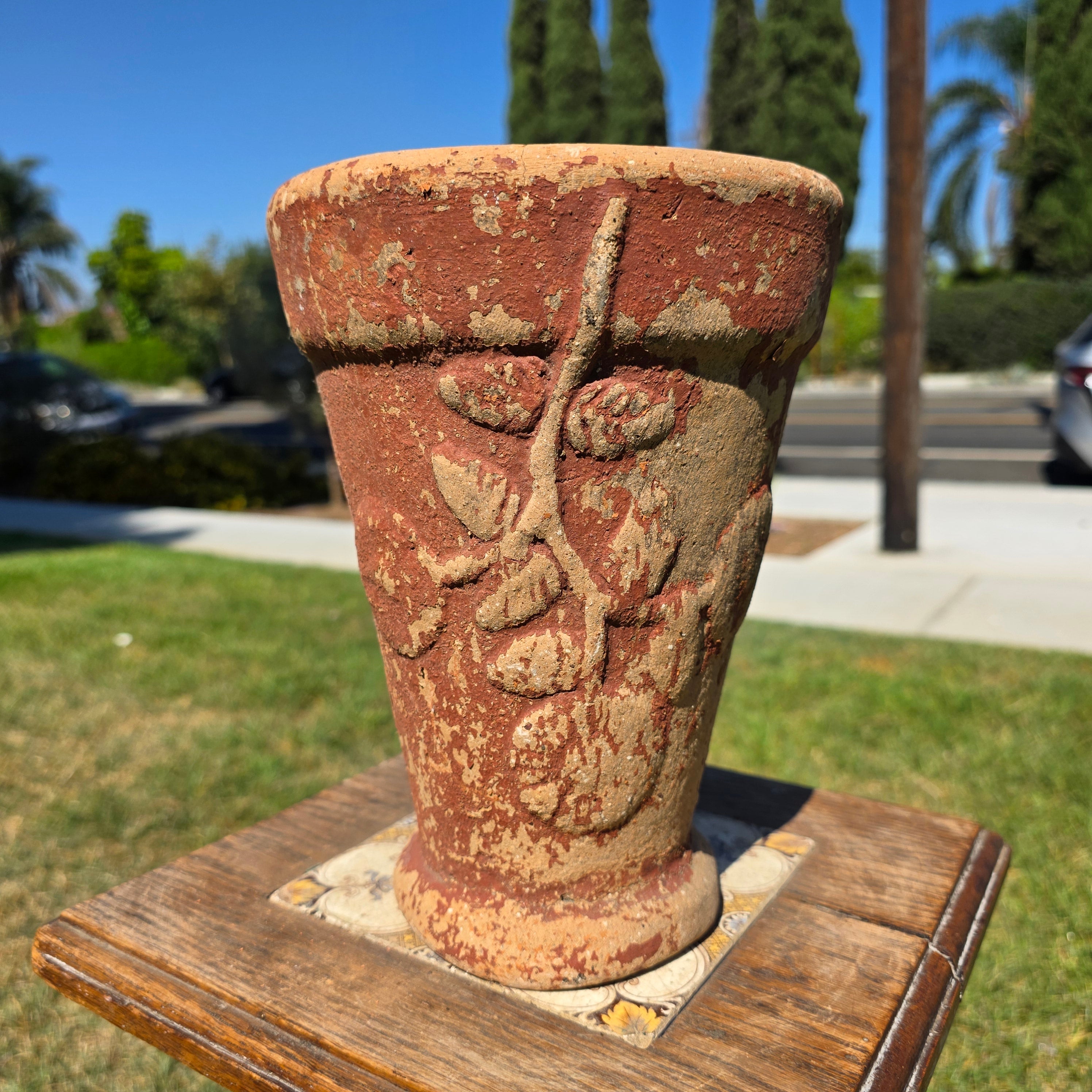 Vintage Terracotta Garden Planter Relief Sunflower Daisy Clay Pot Heavy 9.5"