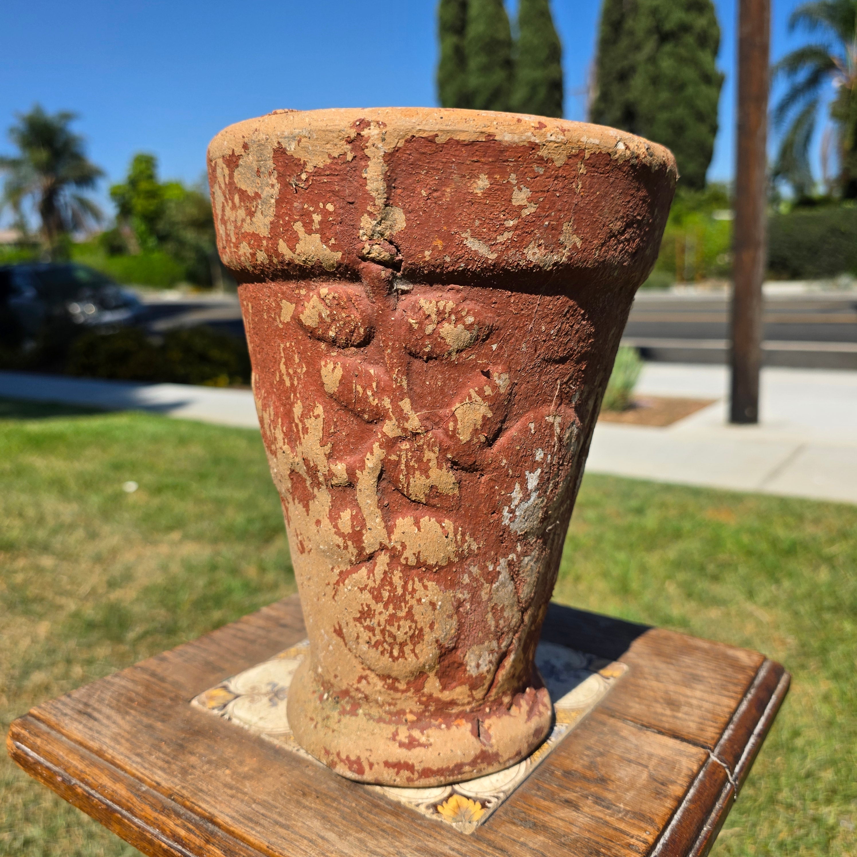 Vintage Terracotta Garden Planter Relief Sunflower Daisy Clay Pot Heavy 9.5"