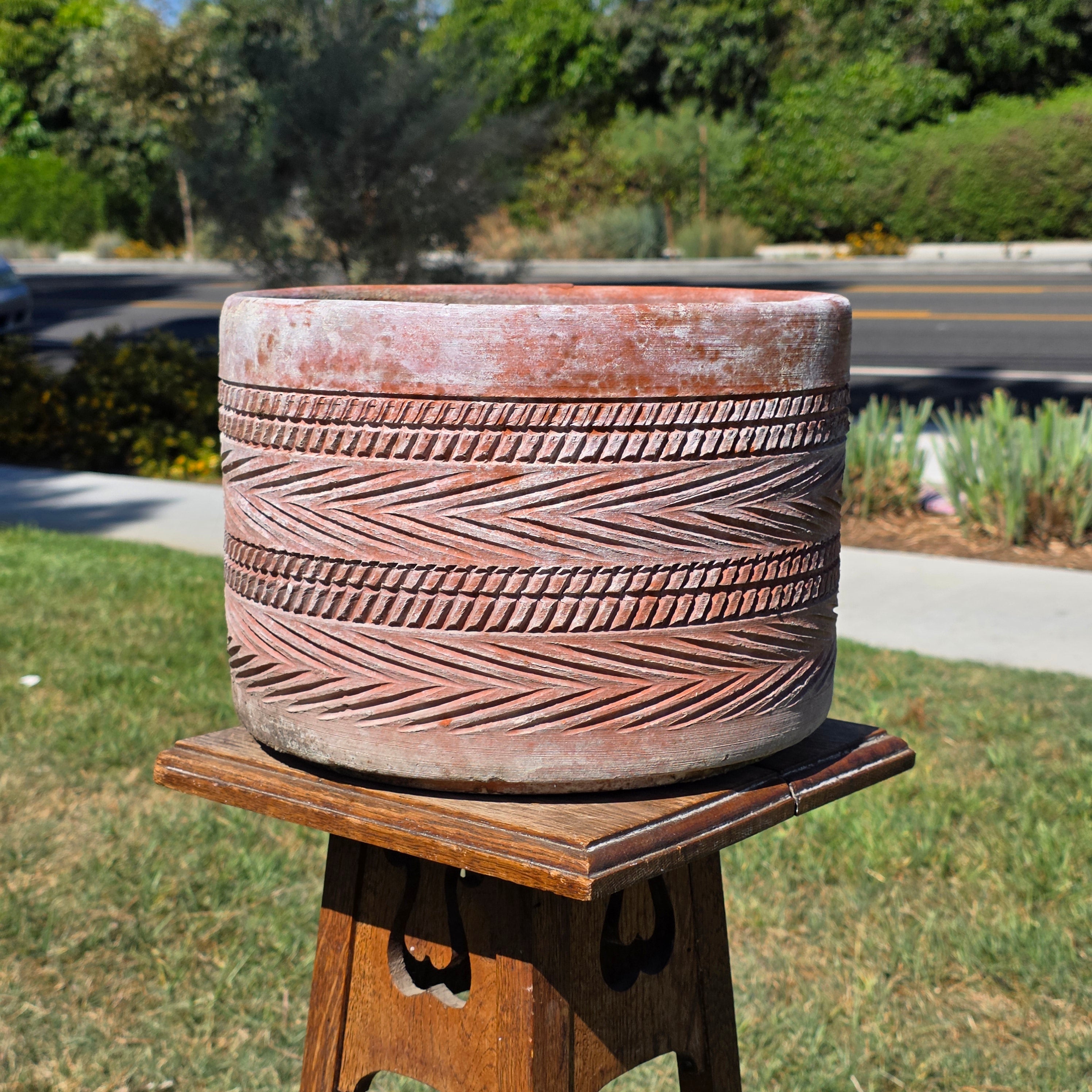 Vintage Southwestern Terracotta Planter Pot Carved Geometric Heavy Garden 11"