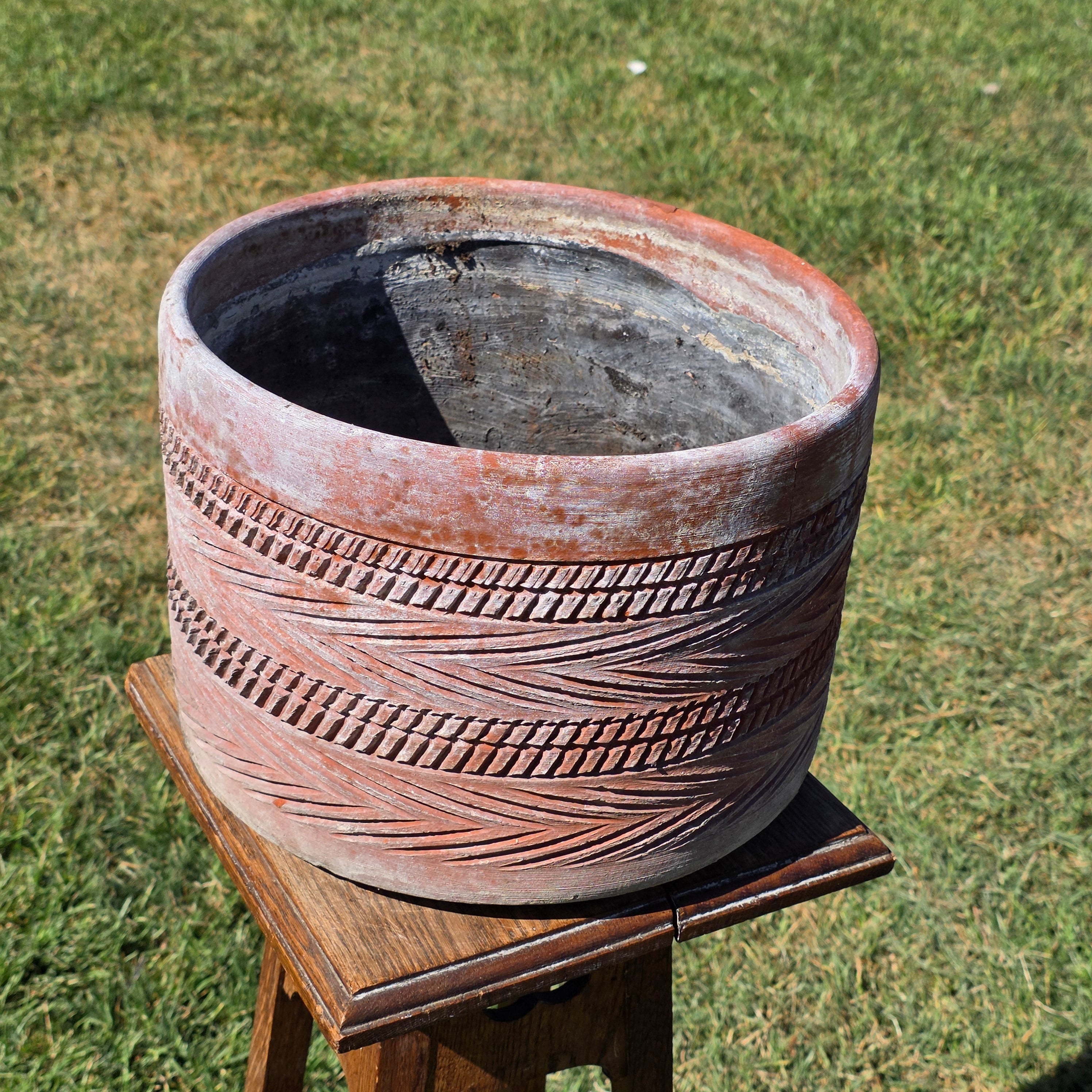 Vintage Southwestern Terracotta Planter Pot Carved Geometric Heavy Garden 11"