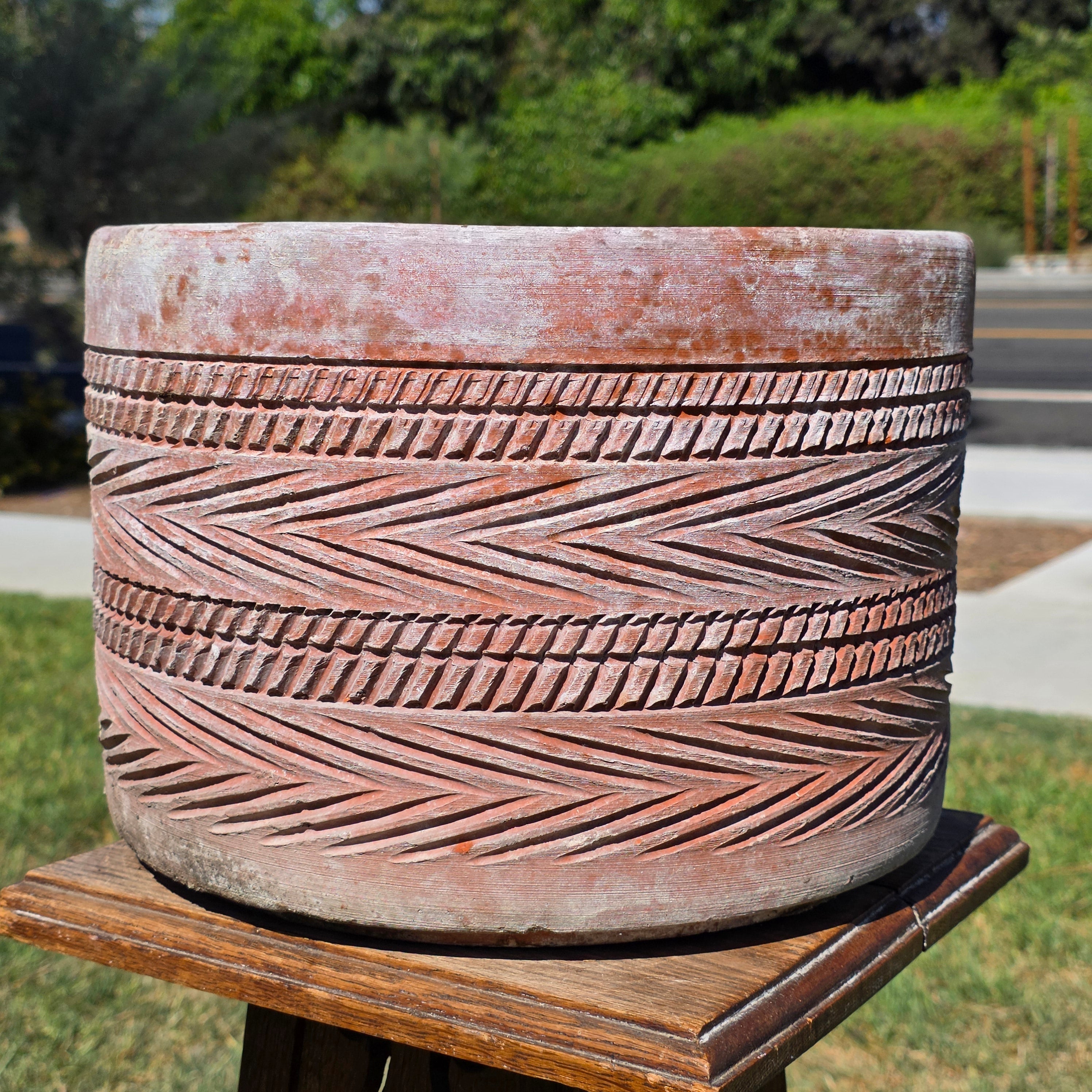 Vintage Southwestern Terracotta Planter Pot Carved Geometric Heavy Garden 11"