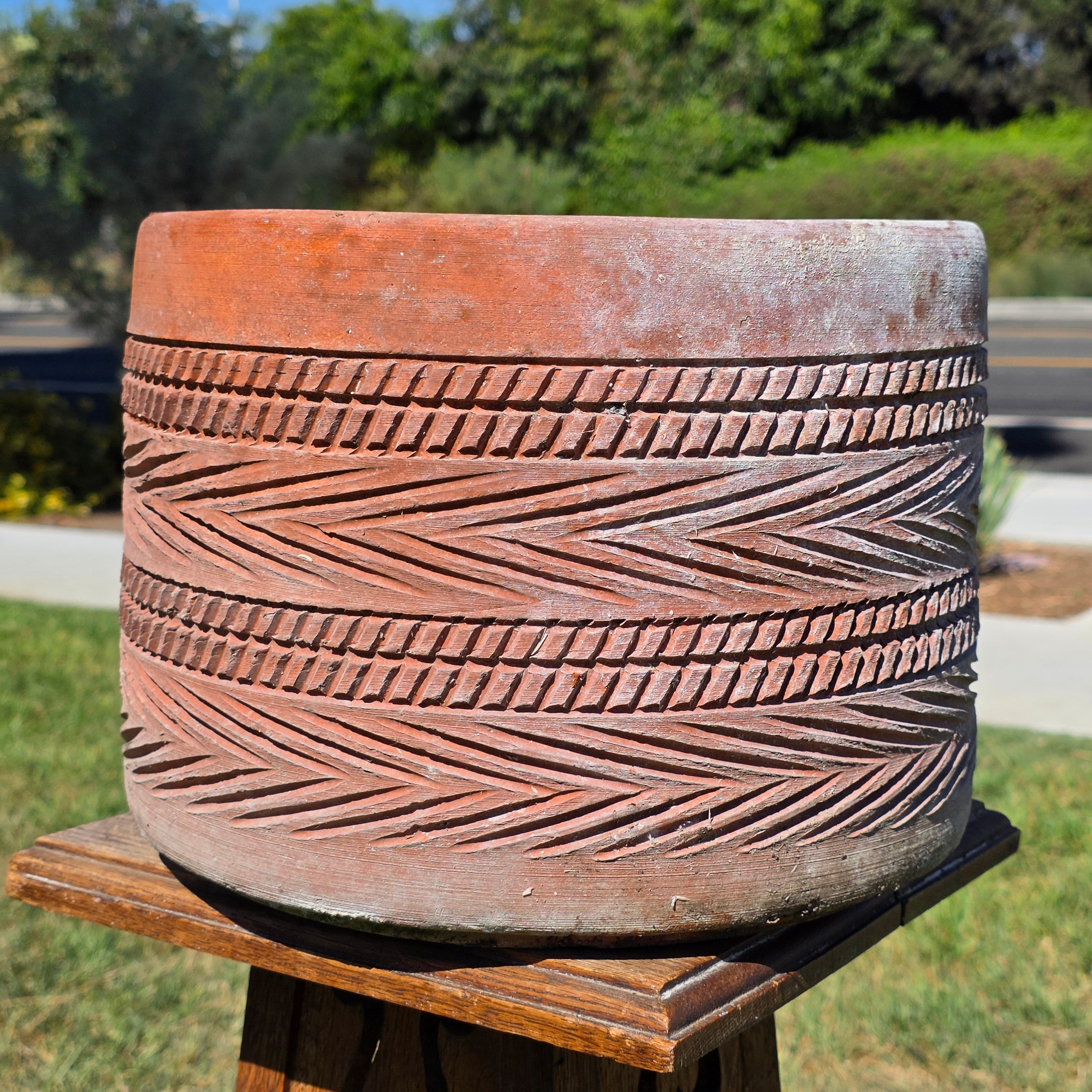Vintage Southwestern Terracotta Planter Pot Carved Geometric Heavy Garden 11"