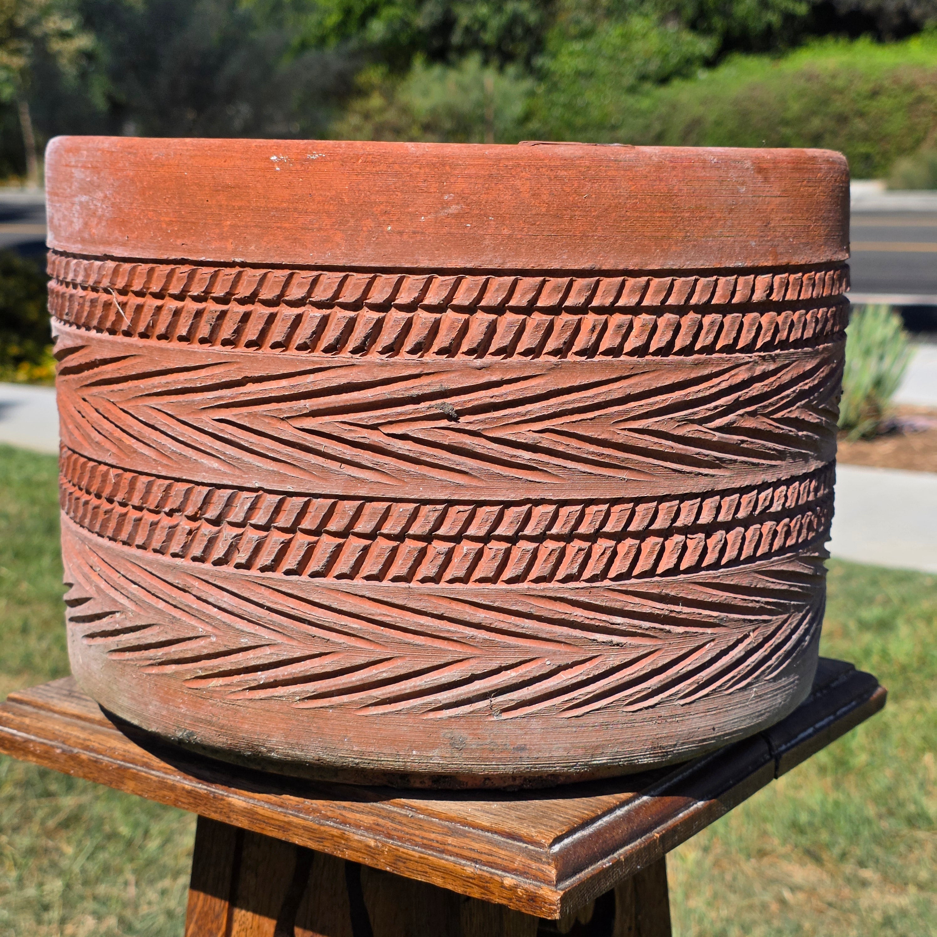 Vintage Southwestern Terracotta Planter Pot Carved Geometric Heavy Garden 11"
