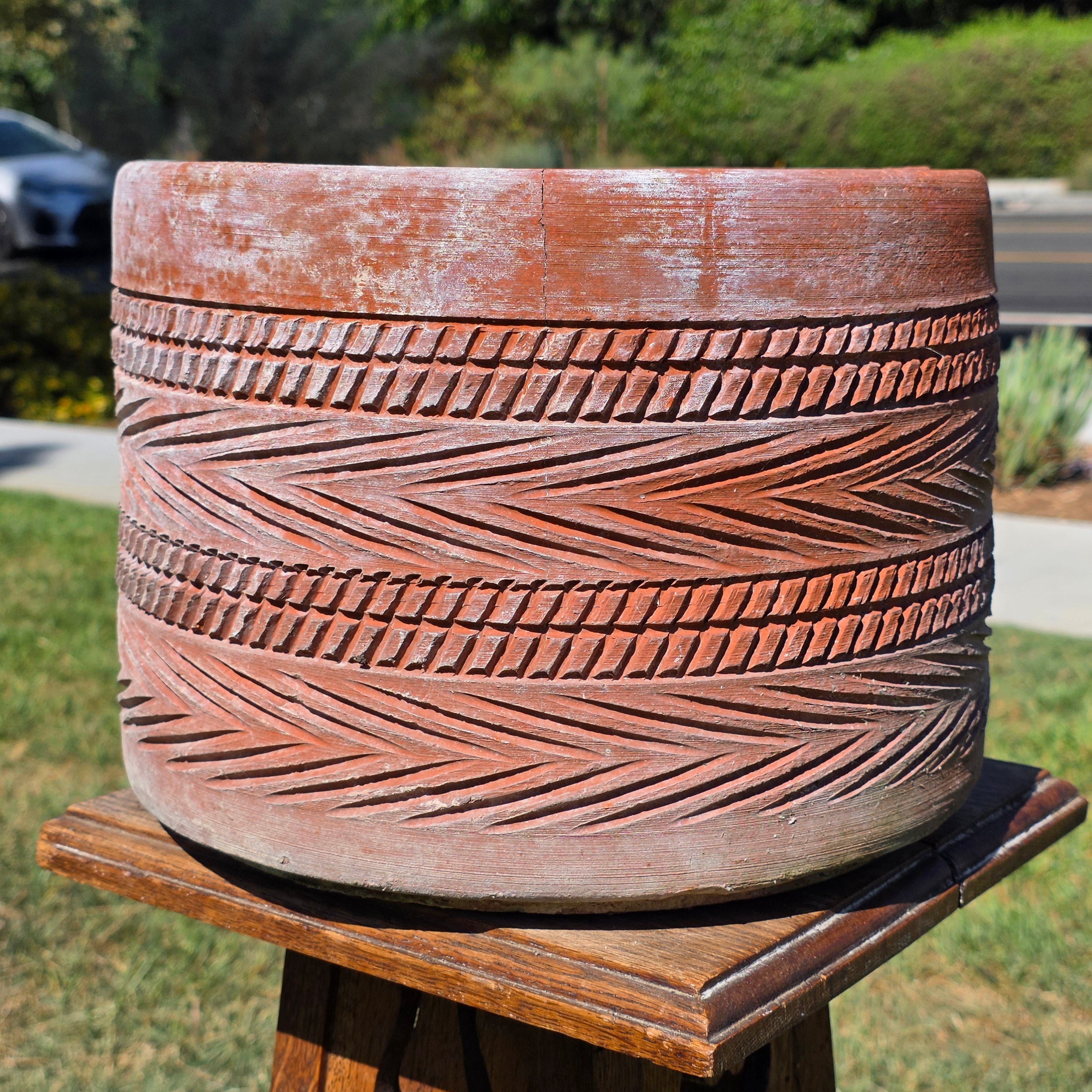 Vintage Southwestern Terracotta Planter Pot Carved Geometric Heavy Garden 11"