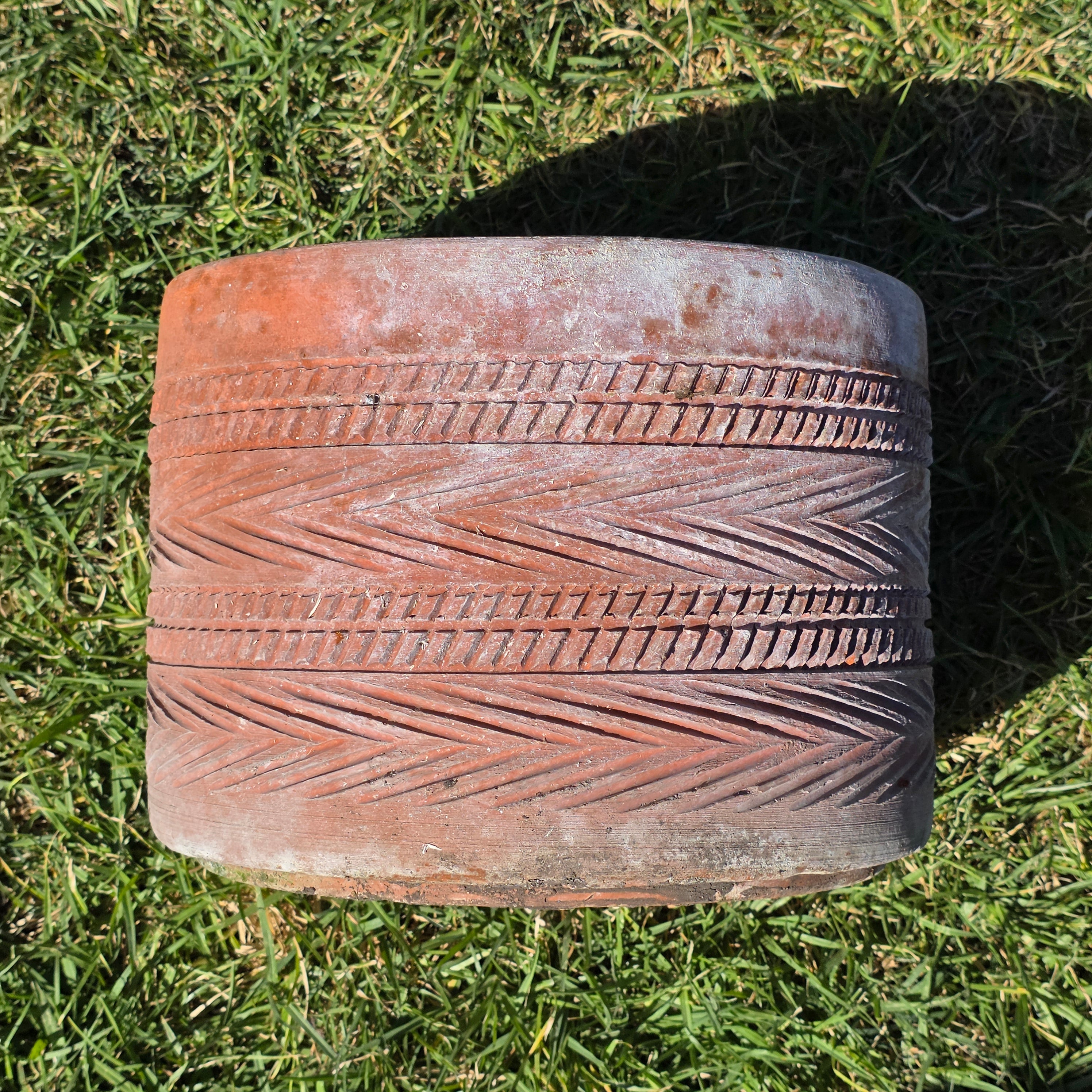 Vintage Southwestern Terracotta Planter Pot Carved Geometric Heavy Garden 11"