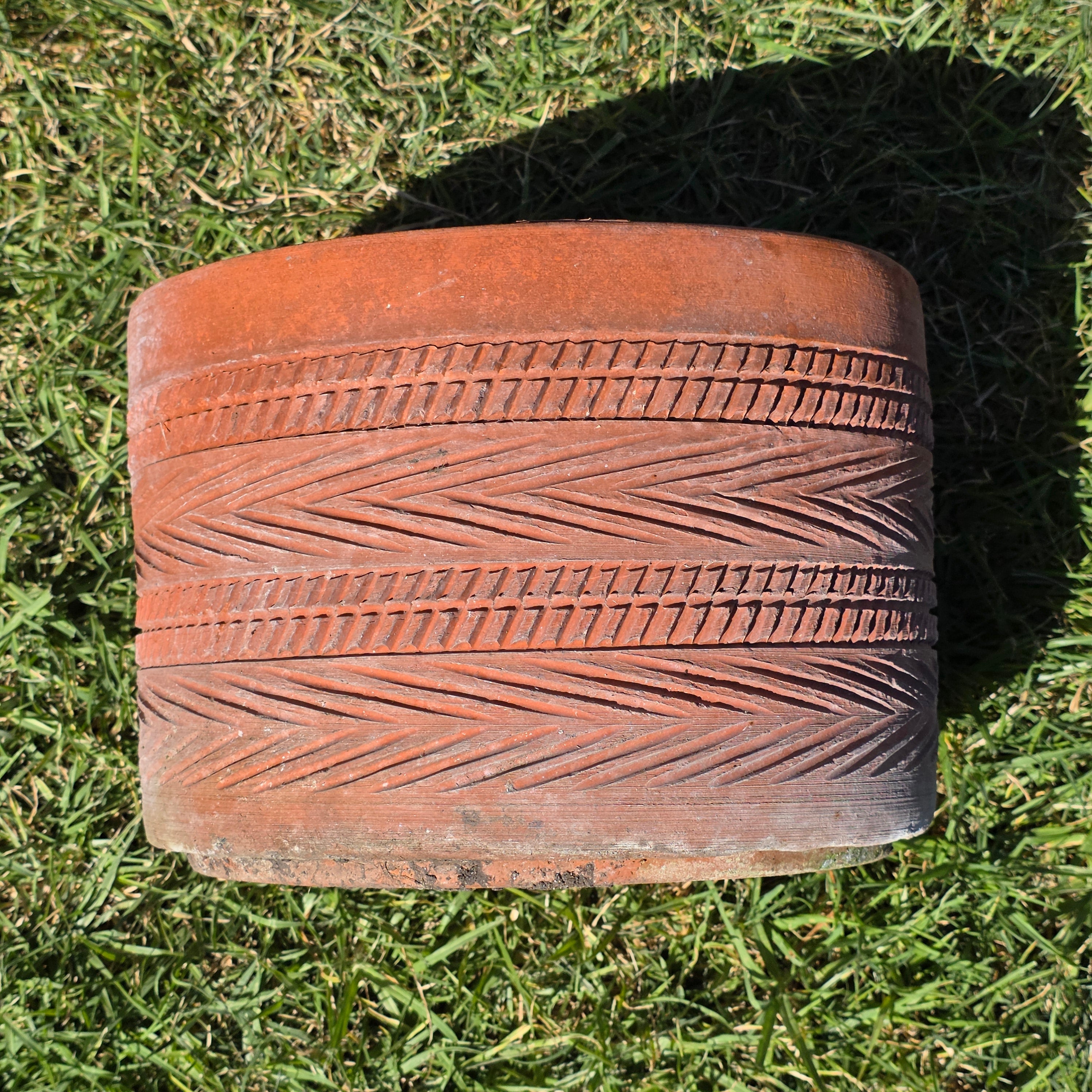 Vintage Southwestern Terracotta Planter Pot Carved Geometric Heavy Garden 11"