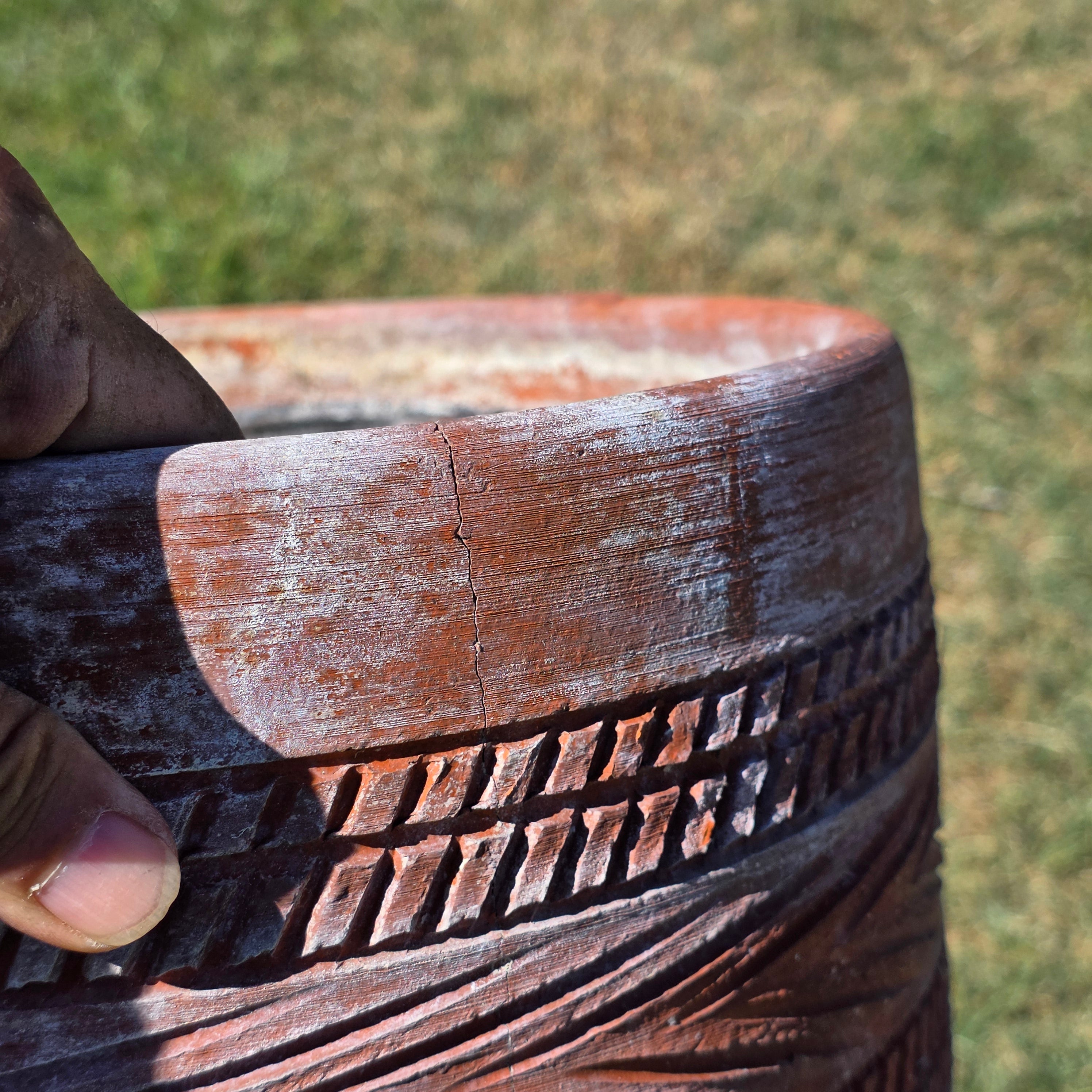 Vintage Southwestern Terracotta Planter Pot Carved Geometric Heavy Garden 11"