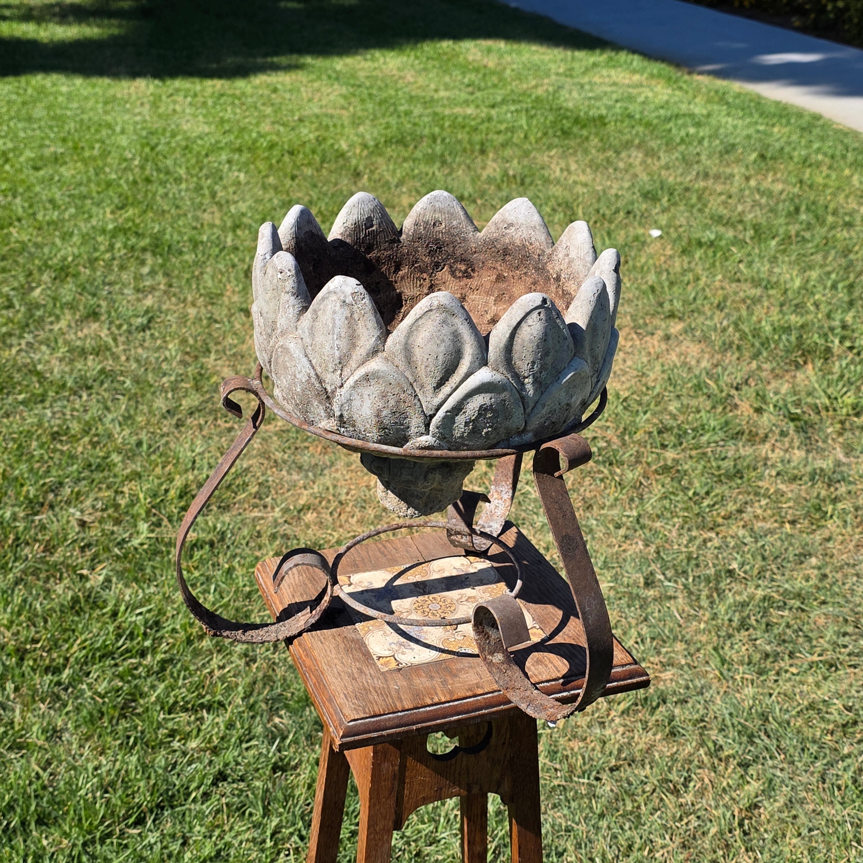 Share Vintage Concrete Artichoke Fountain Top Topper Planter Wrought Iron Stand