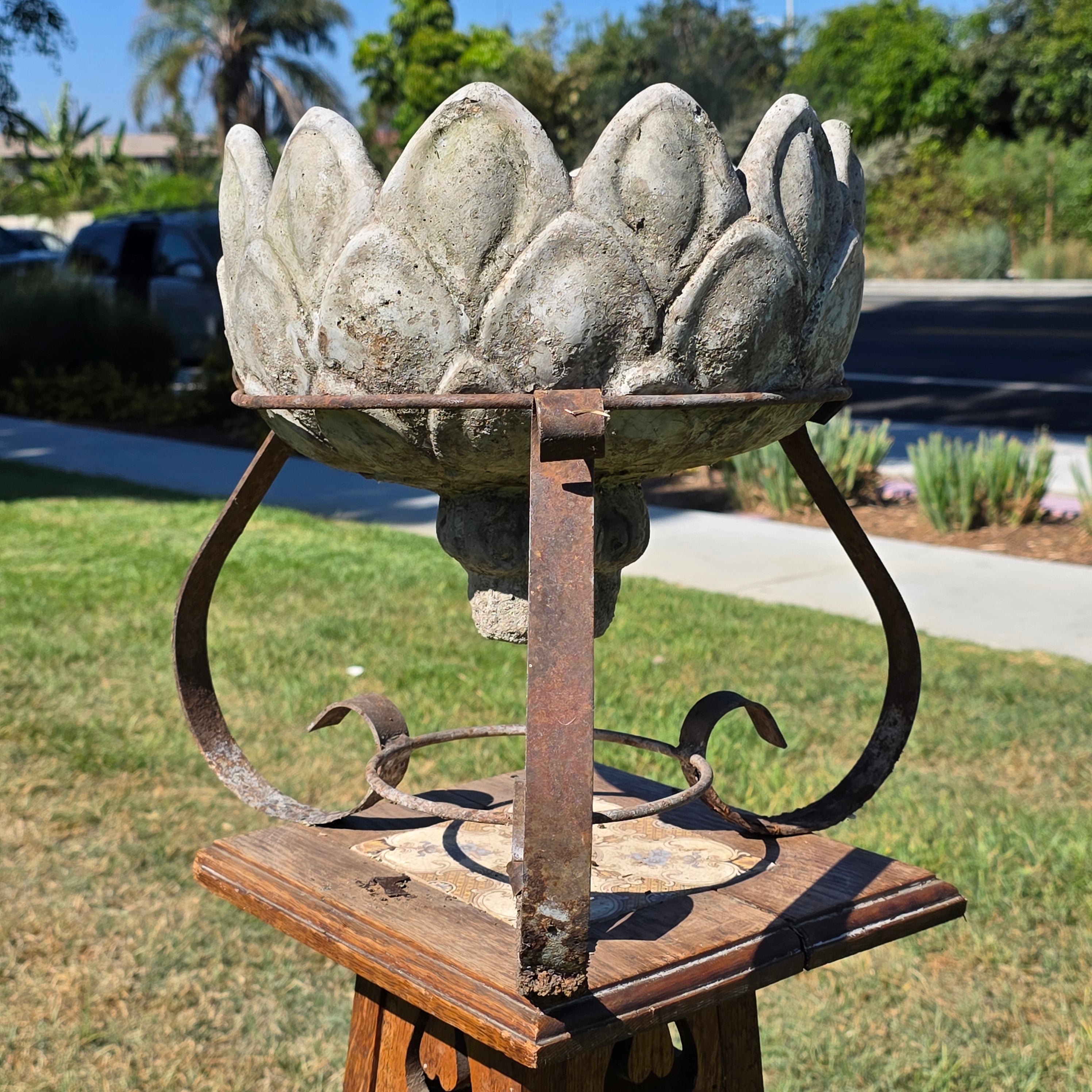 Share Vintage Concrete Artichoke Fountain Top Topper Planter Wrought Iron Stand
