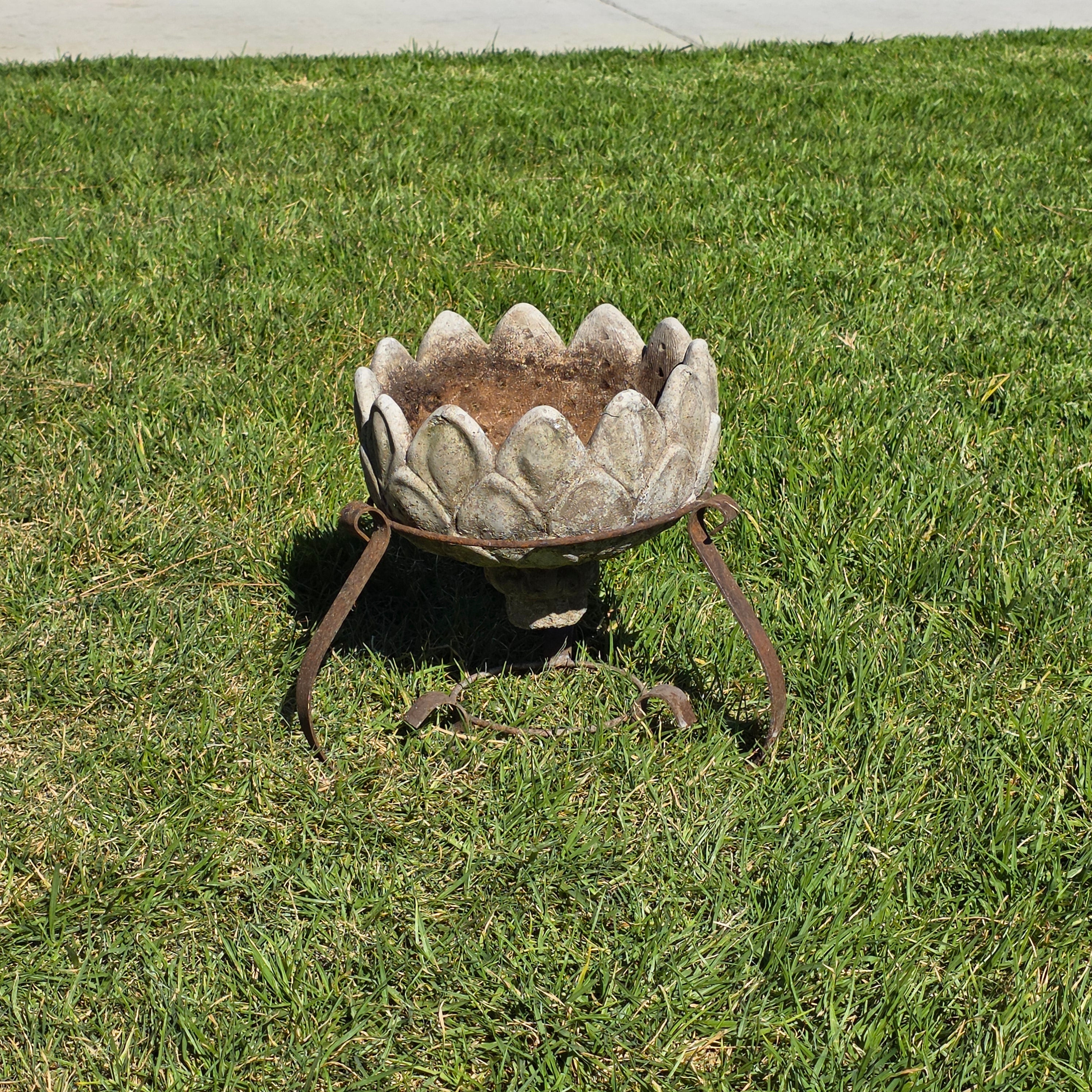 Share Vintage Concrete Artichoke Fountain Top Topper Planter Wrought Iron Stand