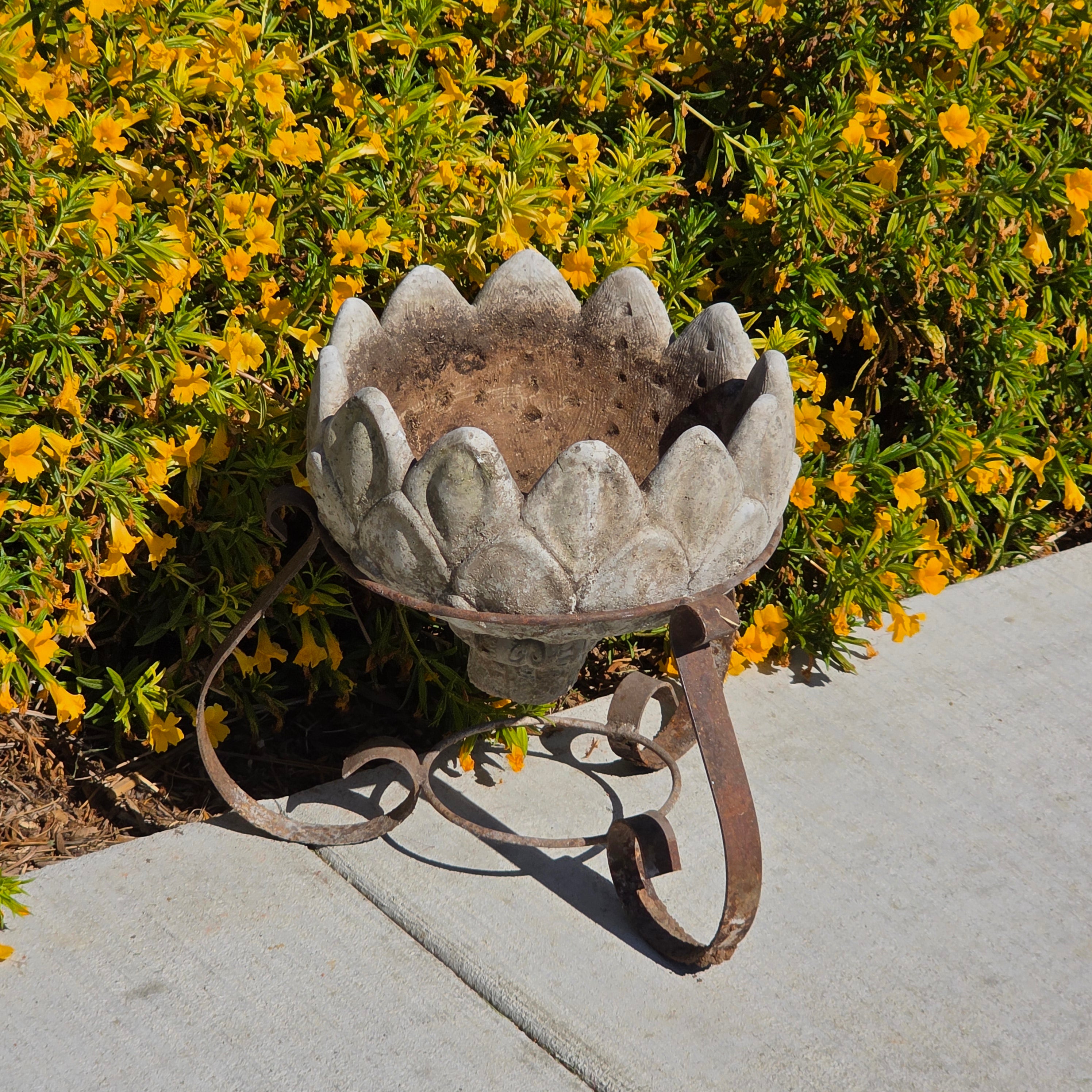 Share Vintage Concrete Artichoke Fountain Top Topper Planter Wrought Iron Stand