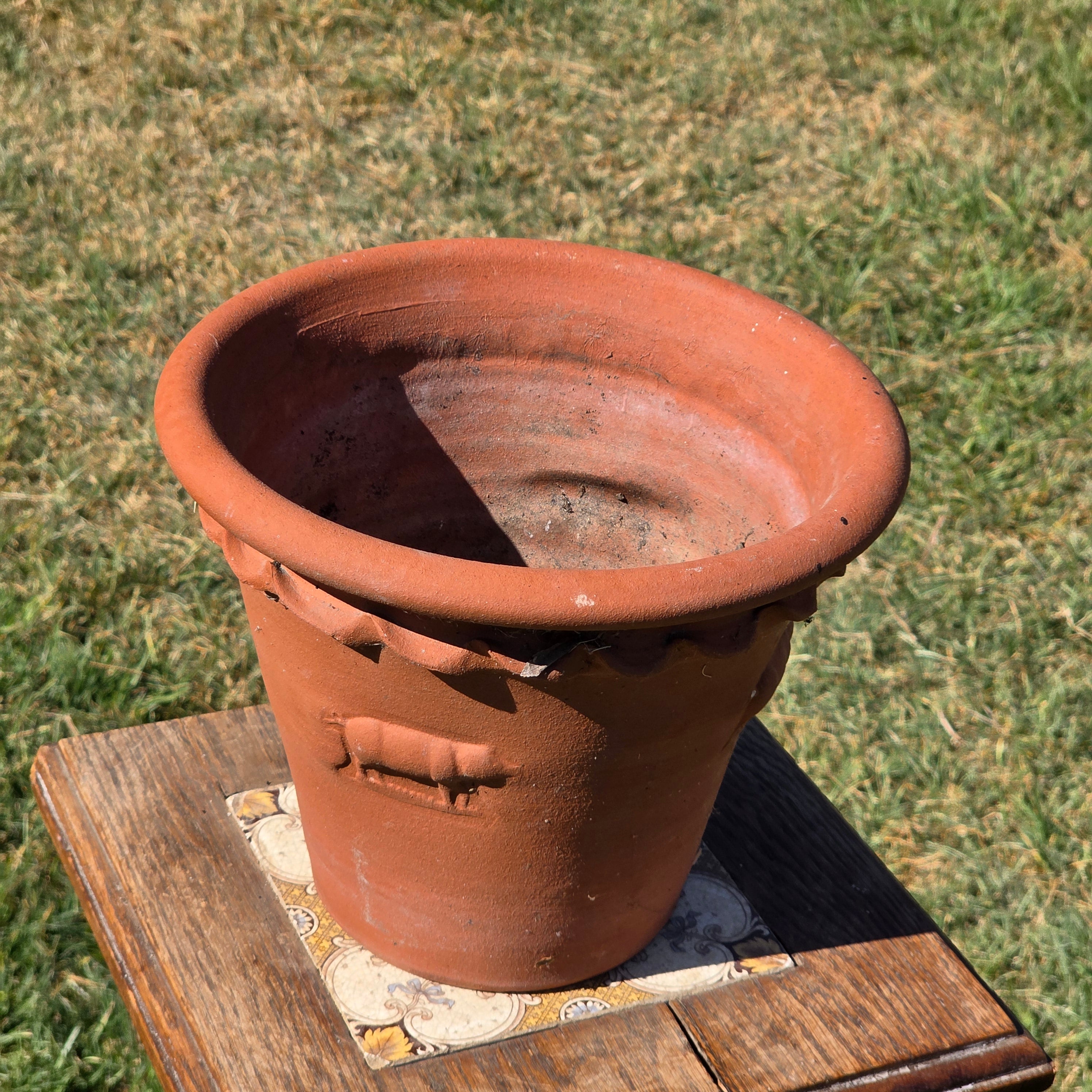 Vintage Terracotta Pig Planter Flower Pot Rustic Clay Embossed Farmhouse 9"