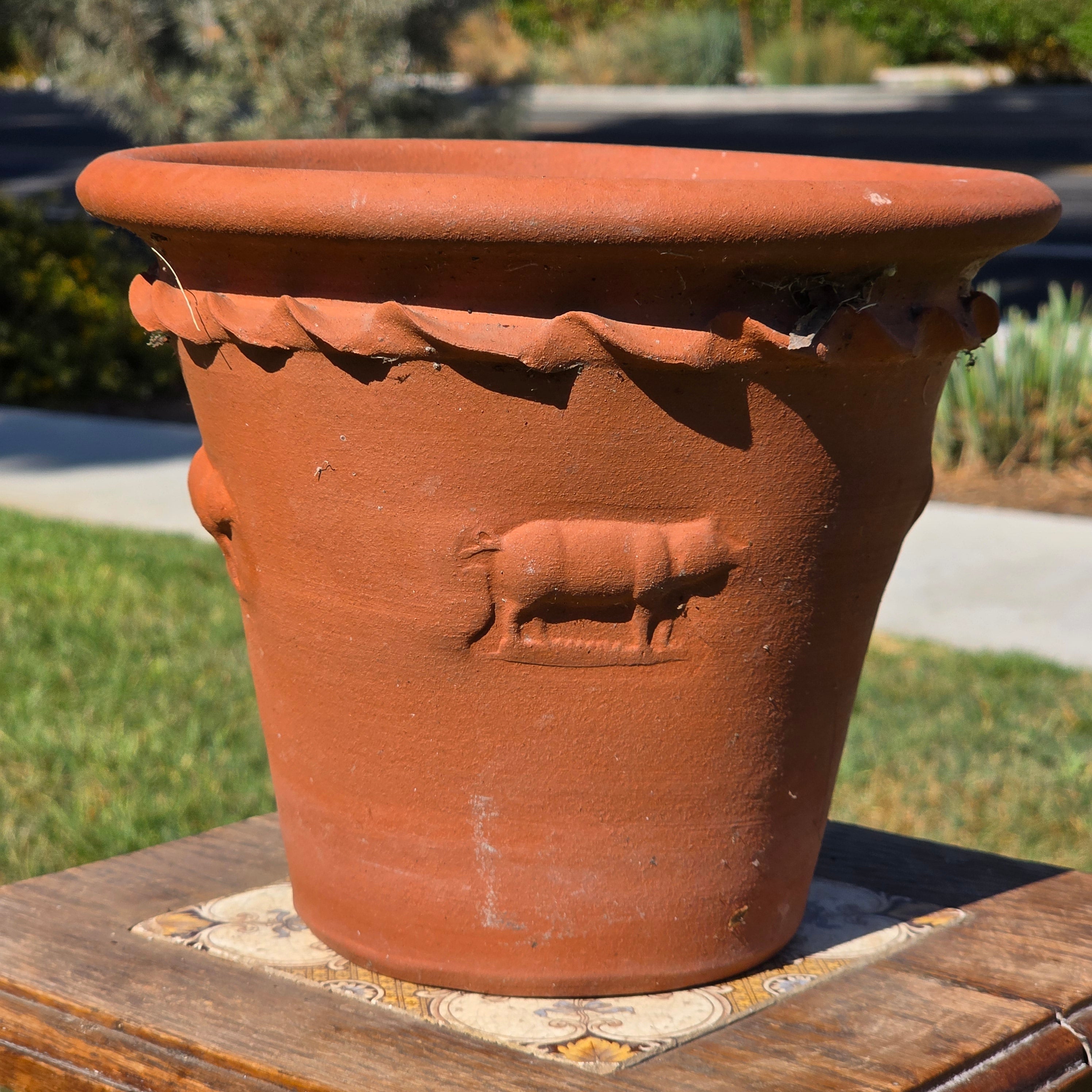 Vintage Terracotta Pig Planter Flower Pot Rustic Clay Embossed Farmhouse 9"
