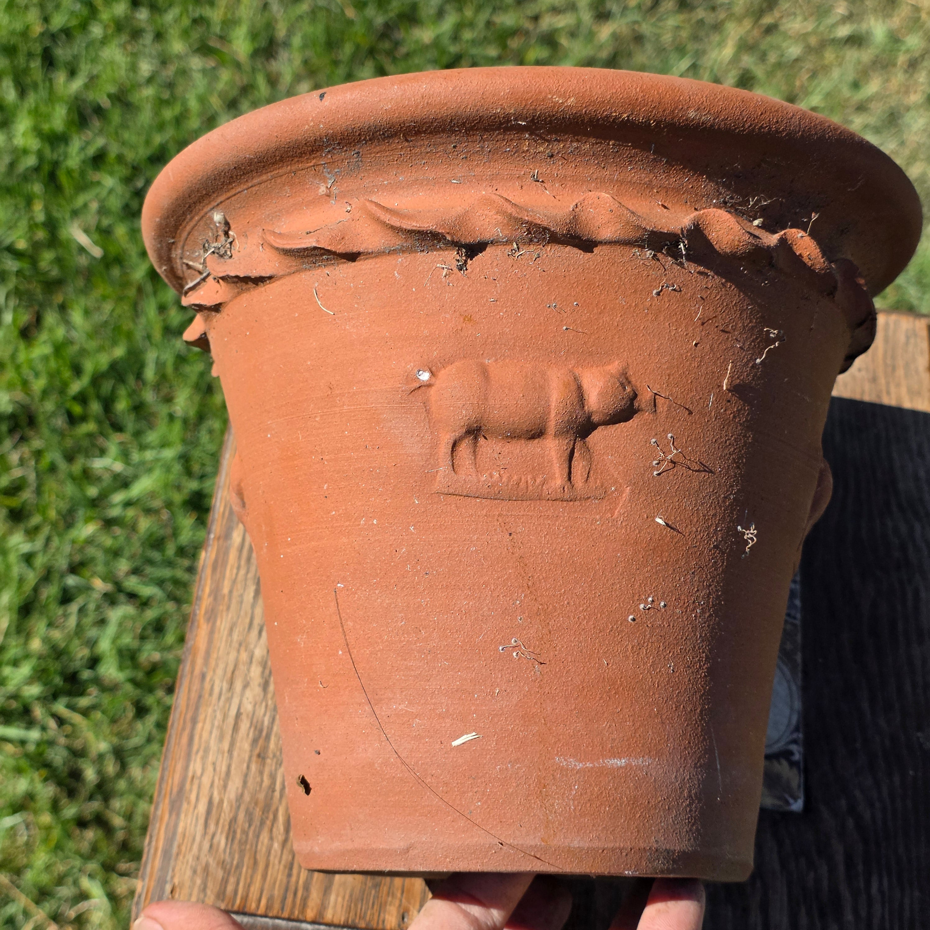 Vintage Terracotta Pig Planter Flower Pot Rustic Clay Embossed Farmhouse 9"
