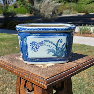 Vintage Chinoiserie Blue White Porcelain Rectangular Planter Orchid Grape Bonsai