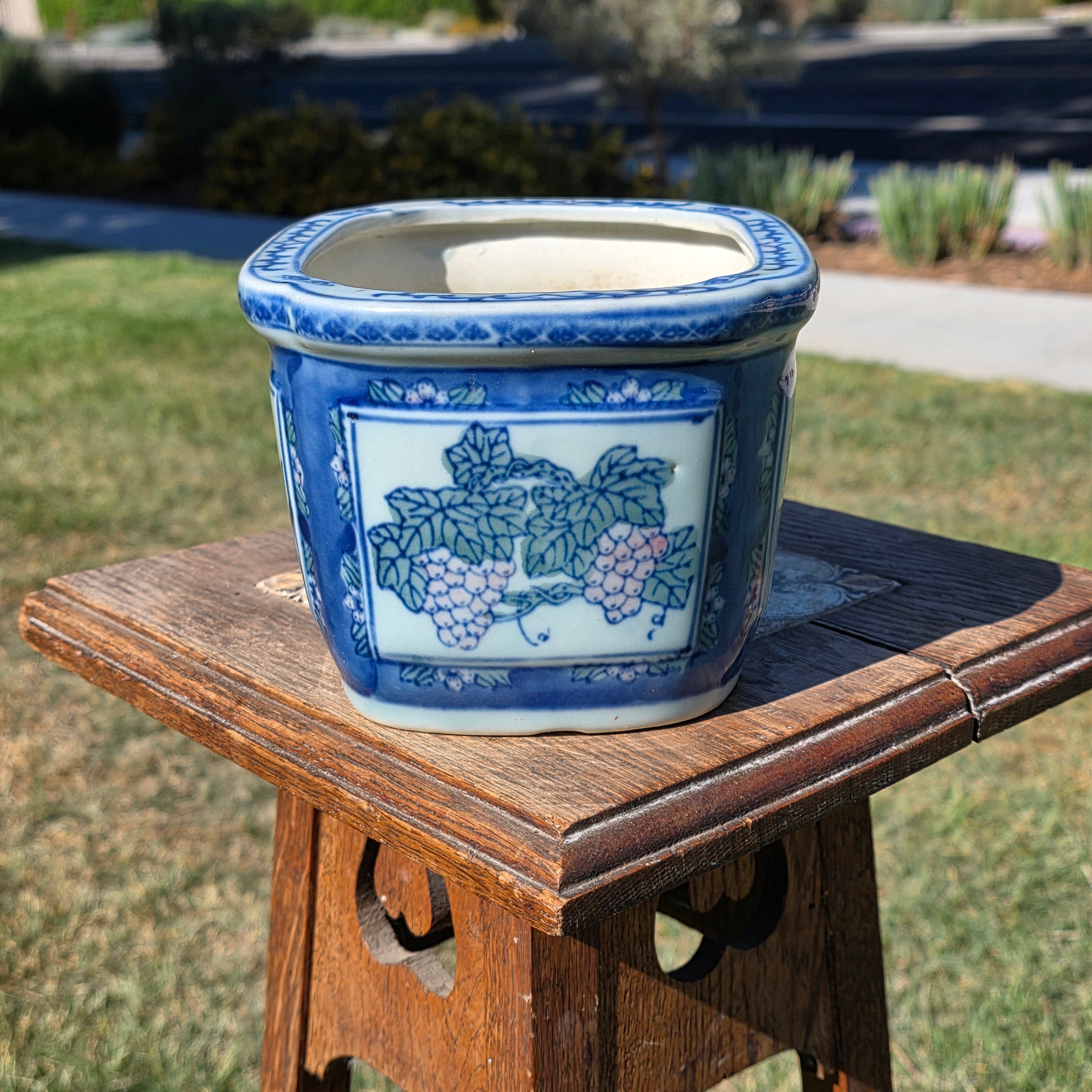 Vintage Chinoiserie Blue White Porcelain Rectangular Planter Orchid Grape Bonsai