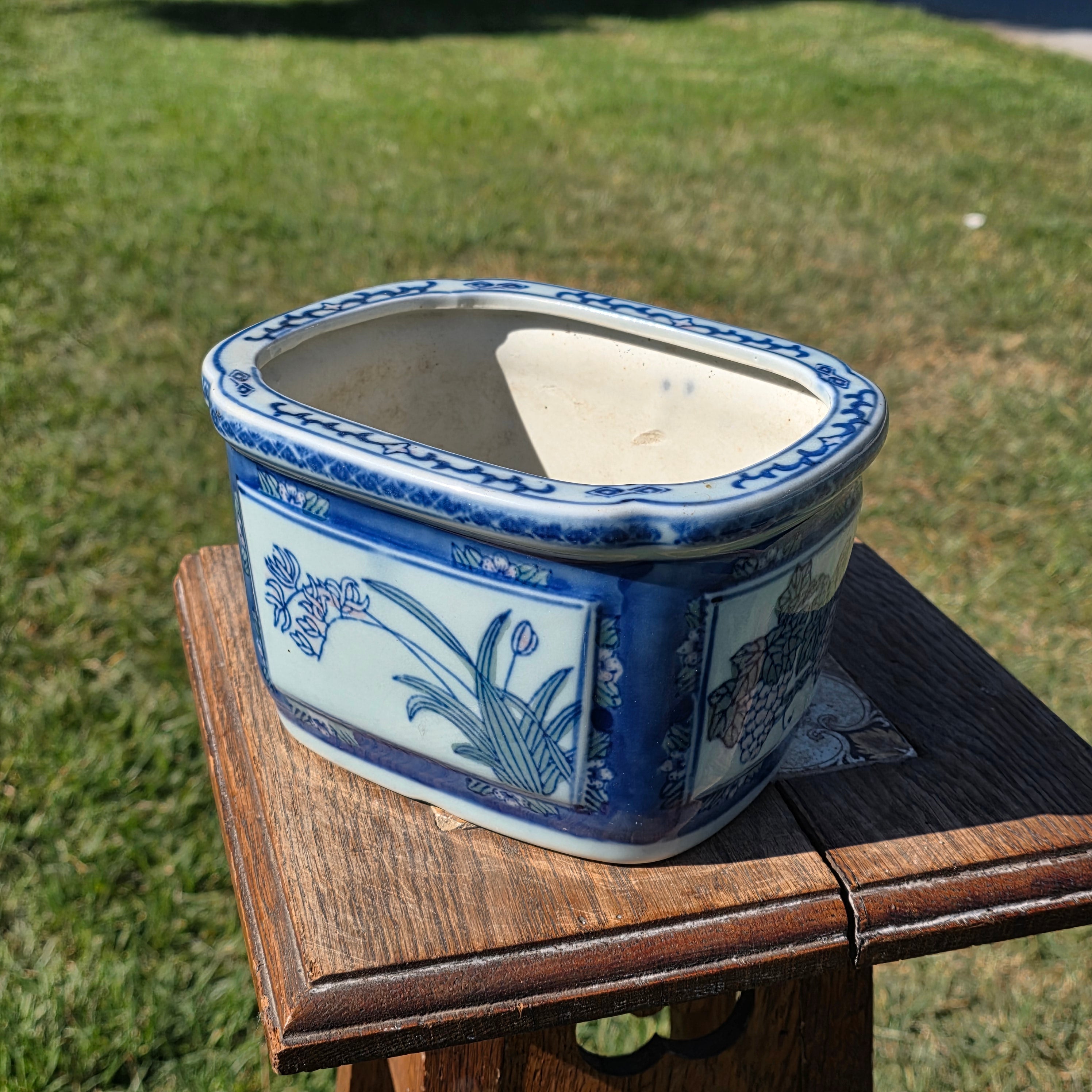 Vintage Chinoiserie Blue White Porcelain Rectangular Planter Orchid Grape Bonsai