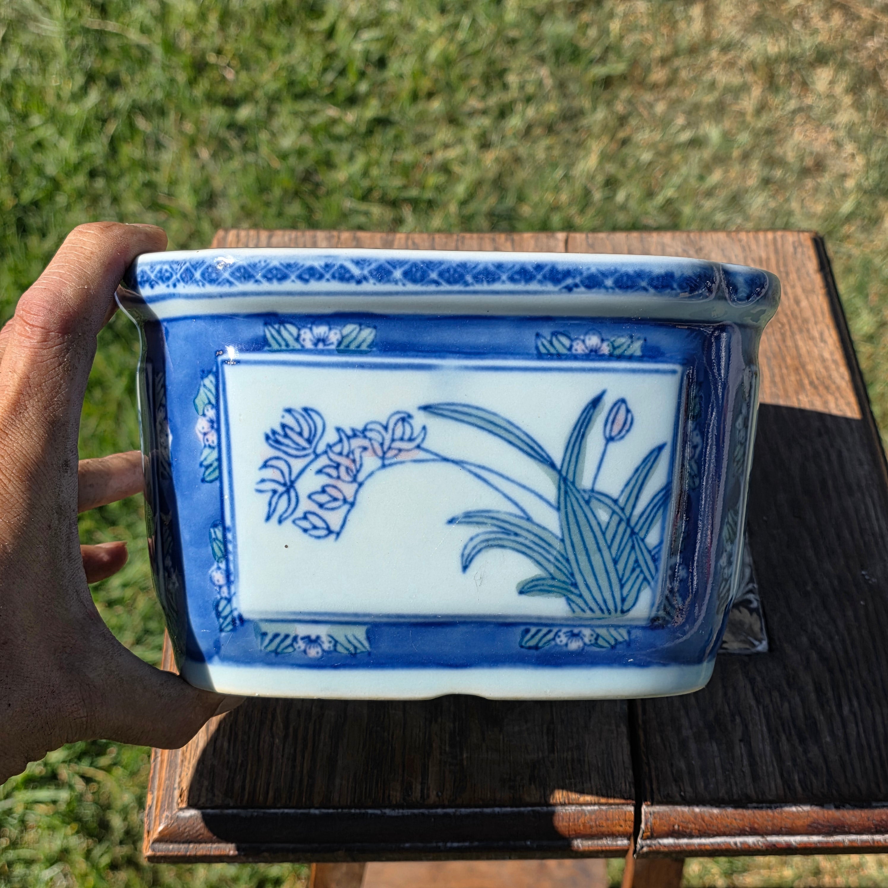 Vintage Chinoiserie Blue White Porcelain Rectangular Planter Orchid Grape Bonsai