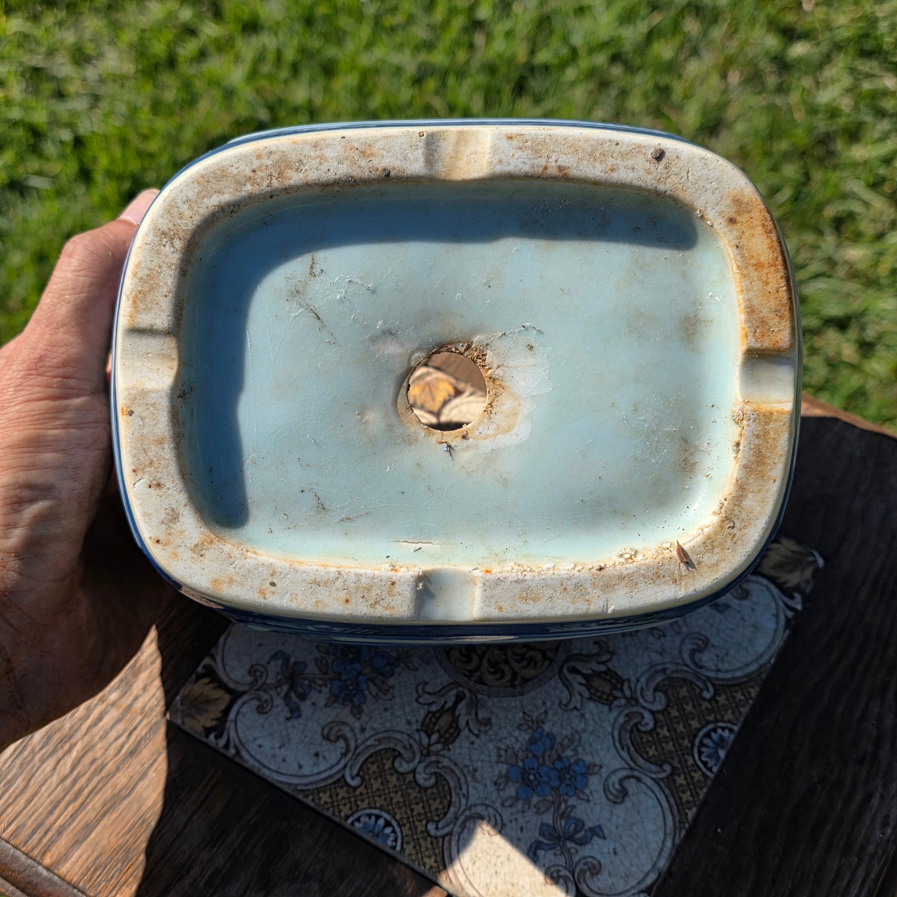 Vintage Chinoiserie Blue White Porcelain Rectangular Planter Orchid Grape Bonsai