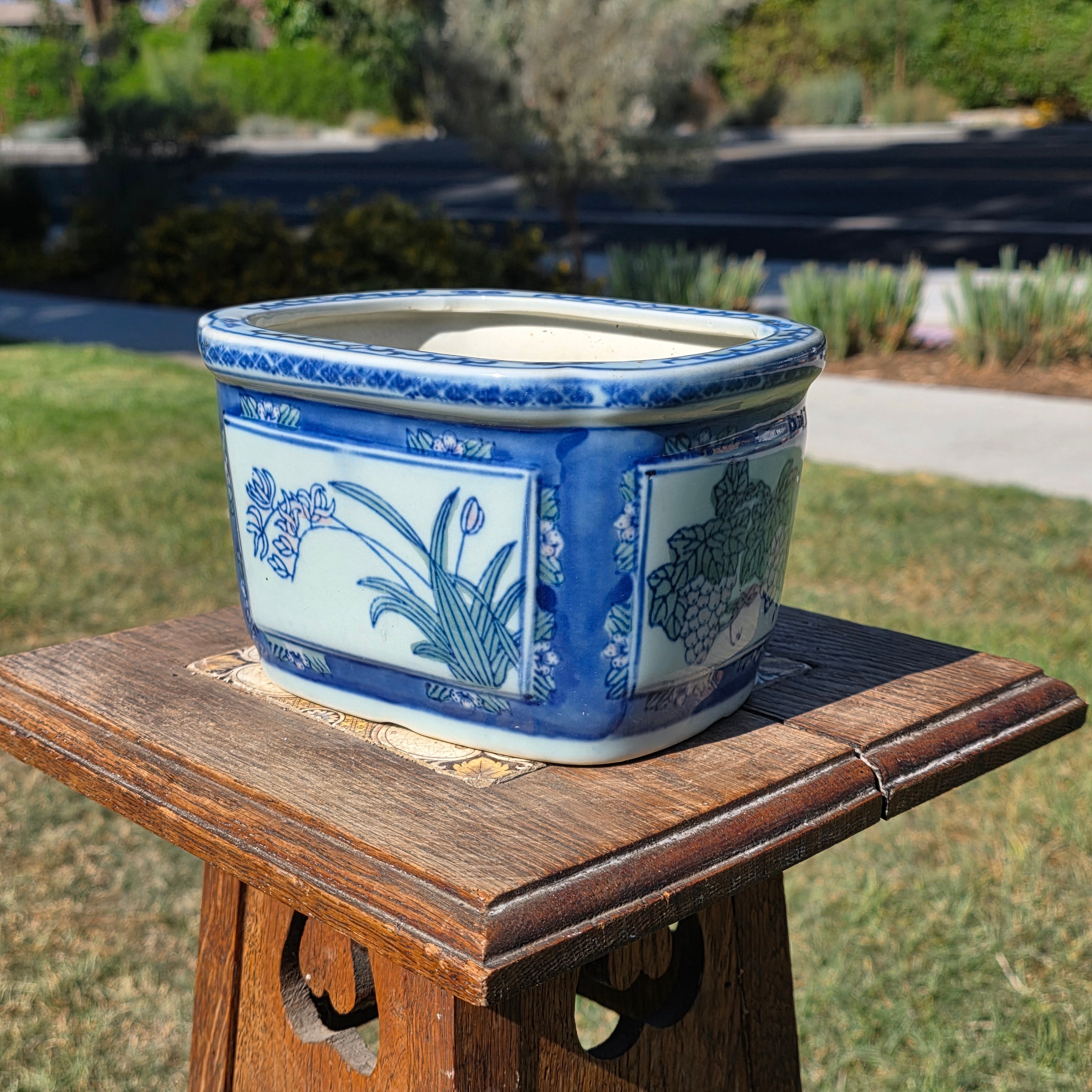 Vintage Chinoiserie Blue White Porcelain Rectangular Planter Orchid Grape Bonsai