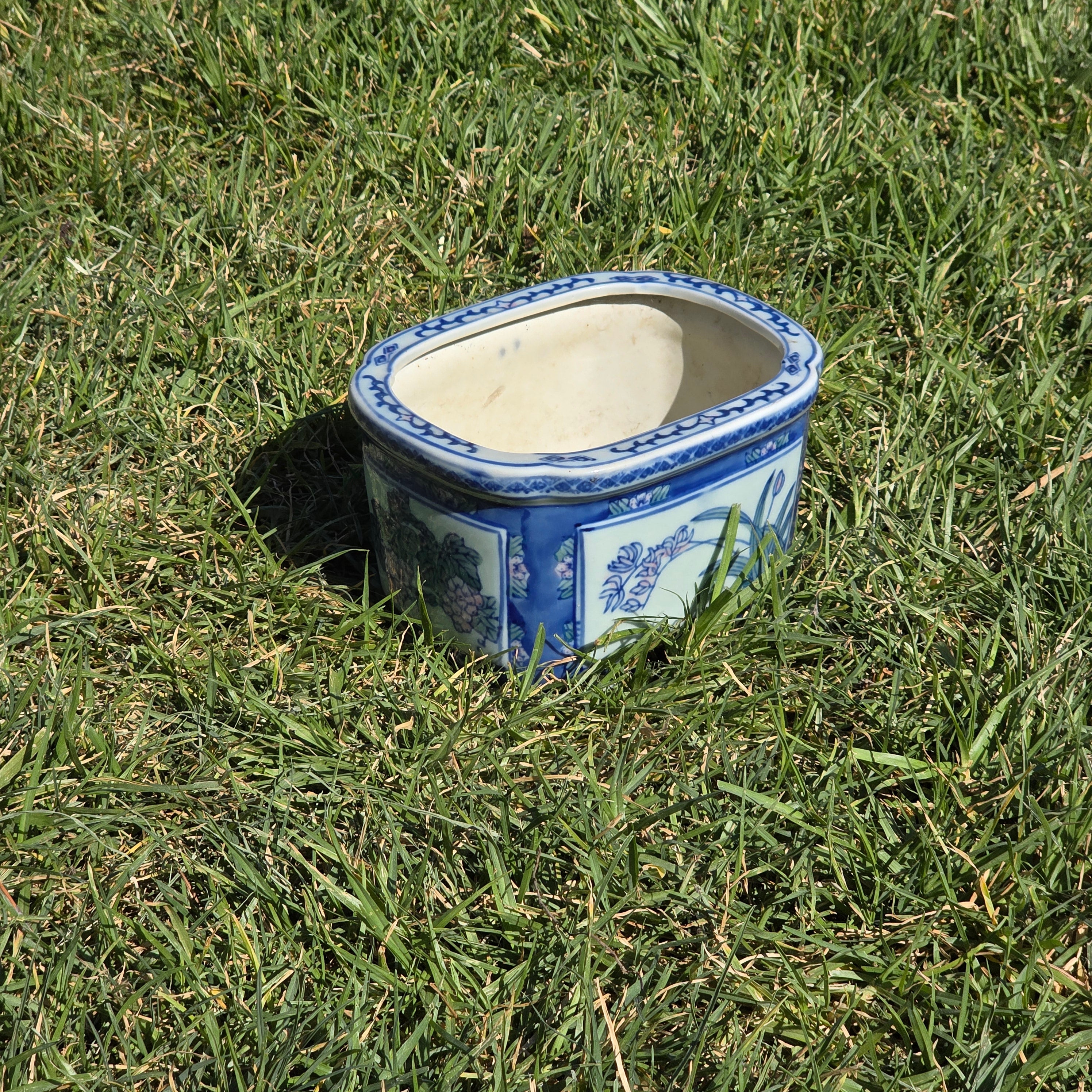 Vintage Chinoiserie Blue White Porcelain Rectangular Planter Orchid Grape Bonsai
