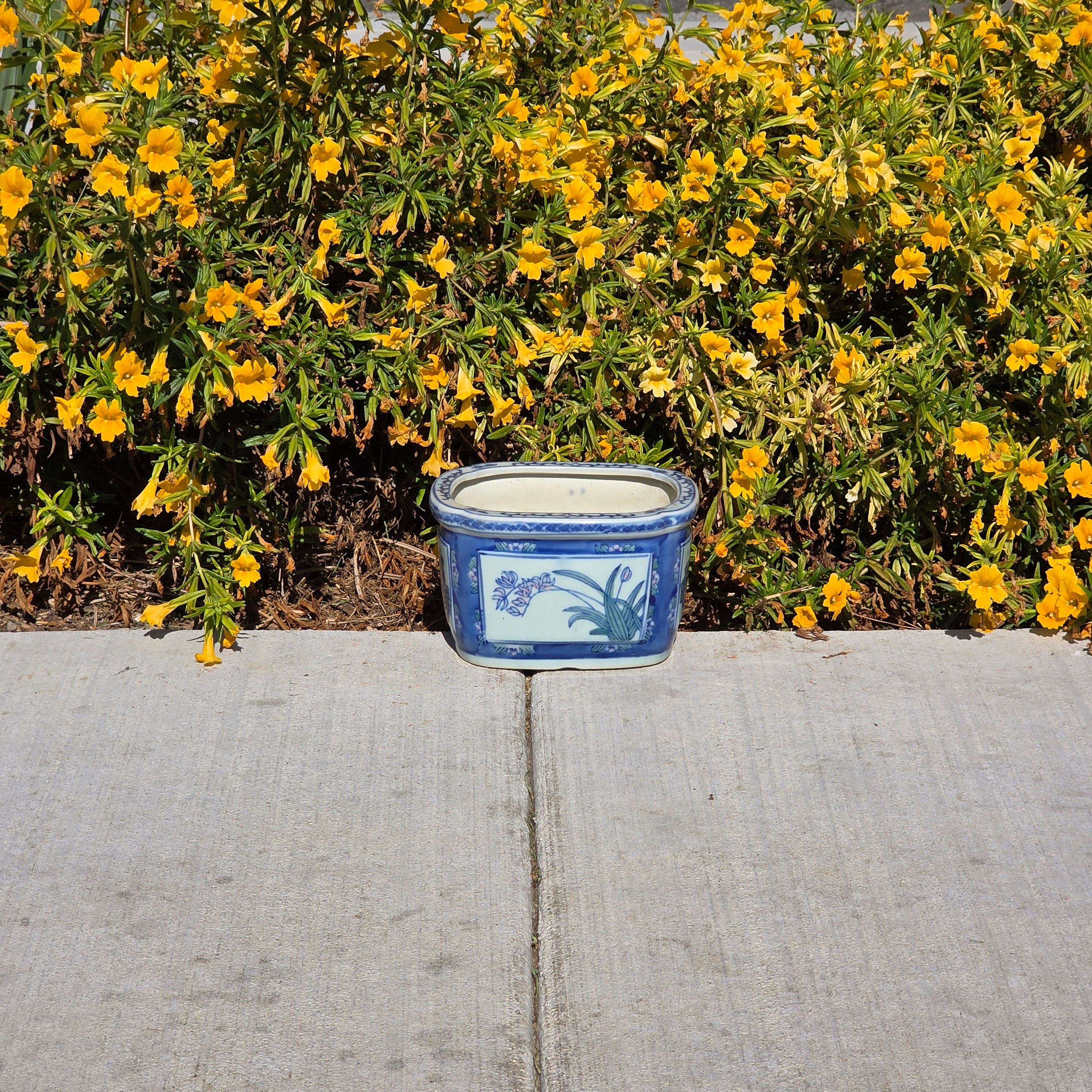 Vintage Chinoiserie Blue White Porcelain Rectangular Planter Orchid Grape Bonsai