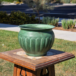 Vintage Verdigris Green Metal Cachepot Planter Pot Fluted Ribbed Flower Urn 7"