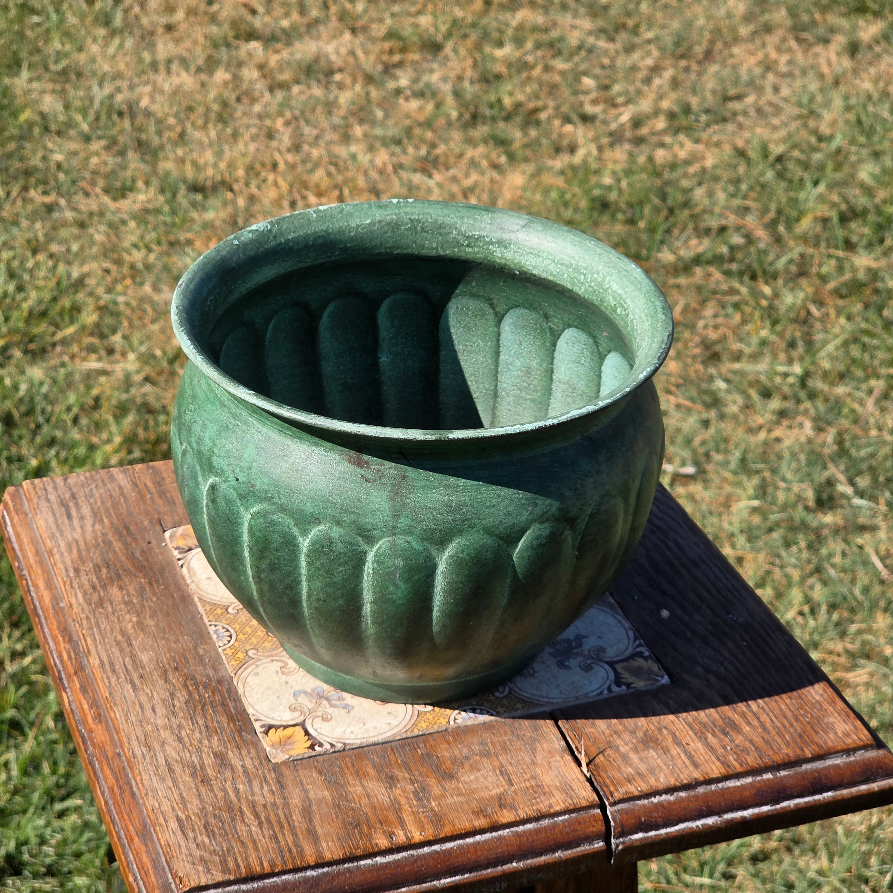 Vintage Verdigris Green Metal Cachepot Planter Pot Fluted Ribbed Flower Urn 7"