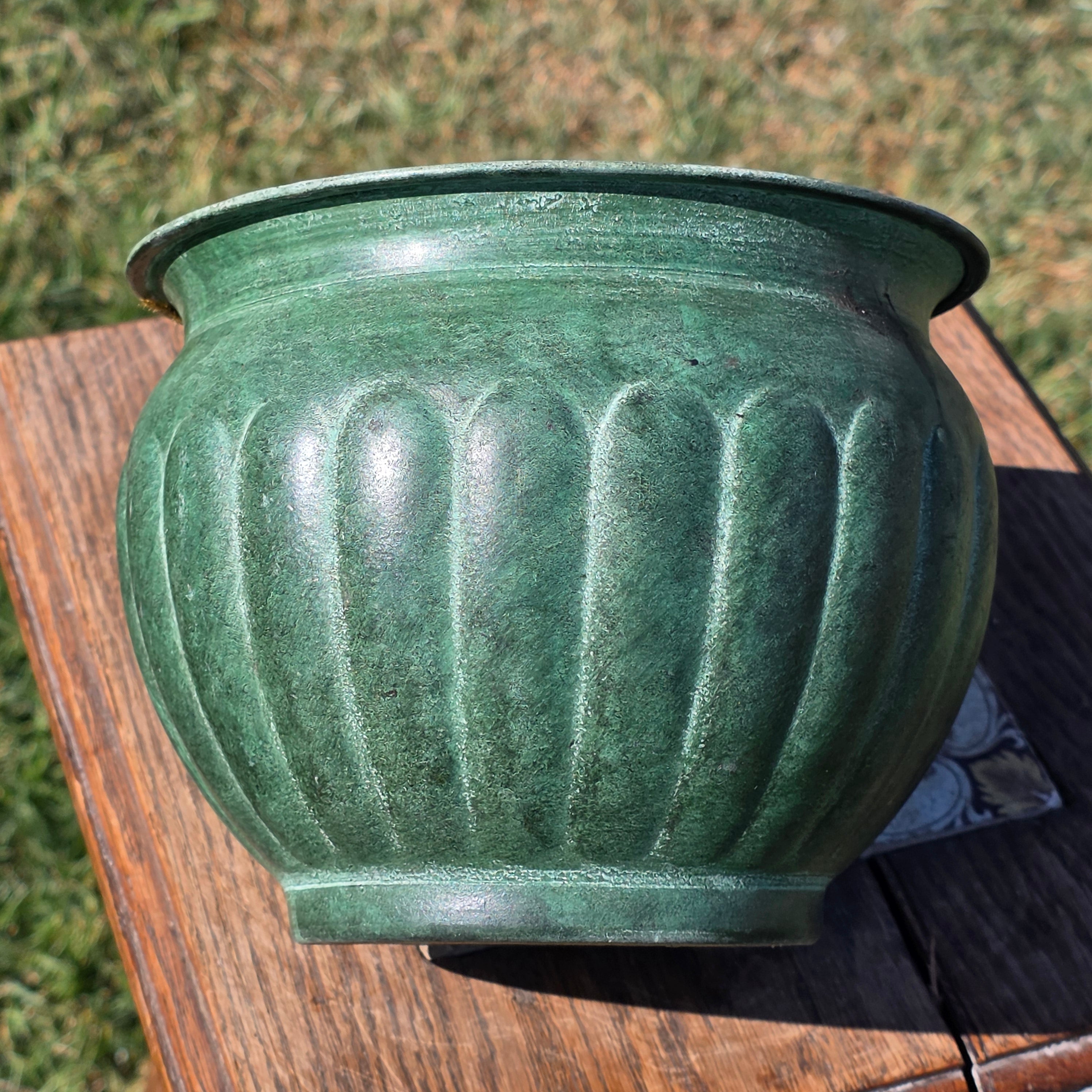Vintage Verdigris Green Metal Cachepot Planter Pot Fluted Ribbed Flower Urn 7"