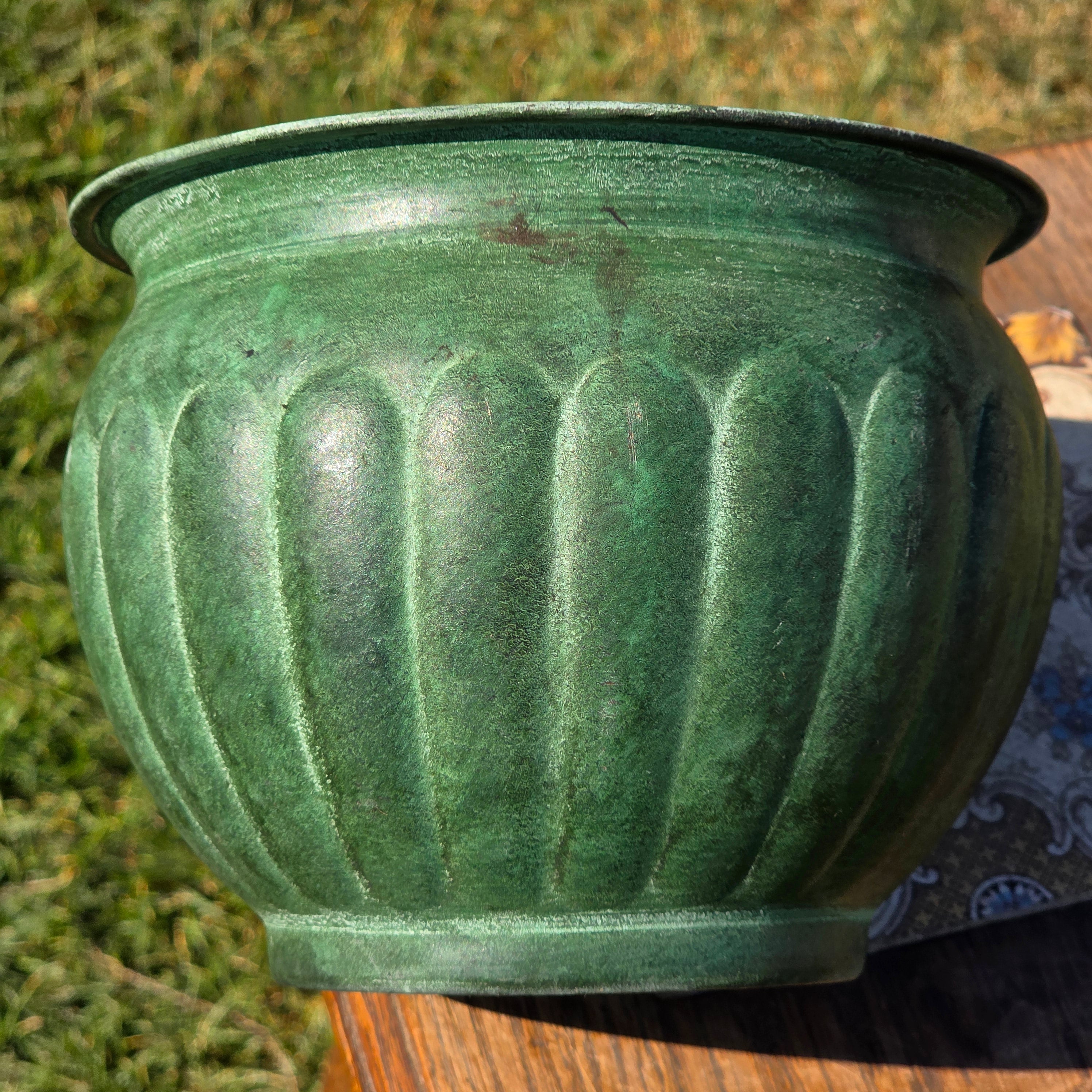 Vintage Verdigris Green Metal Cachepot Planter Pot Fluted Ribbed Flower Urn 7"