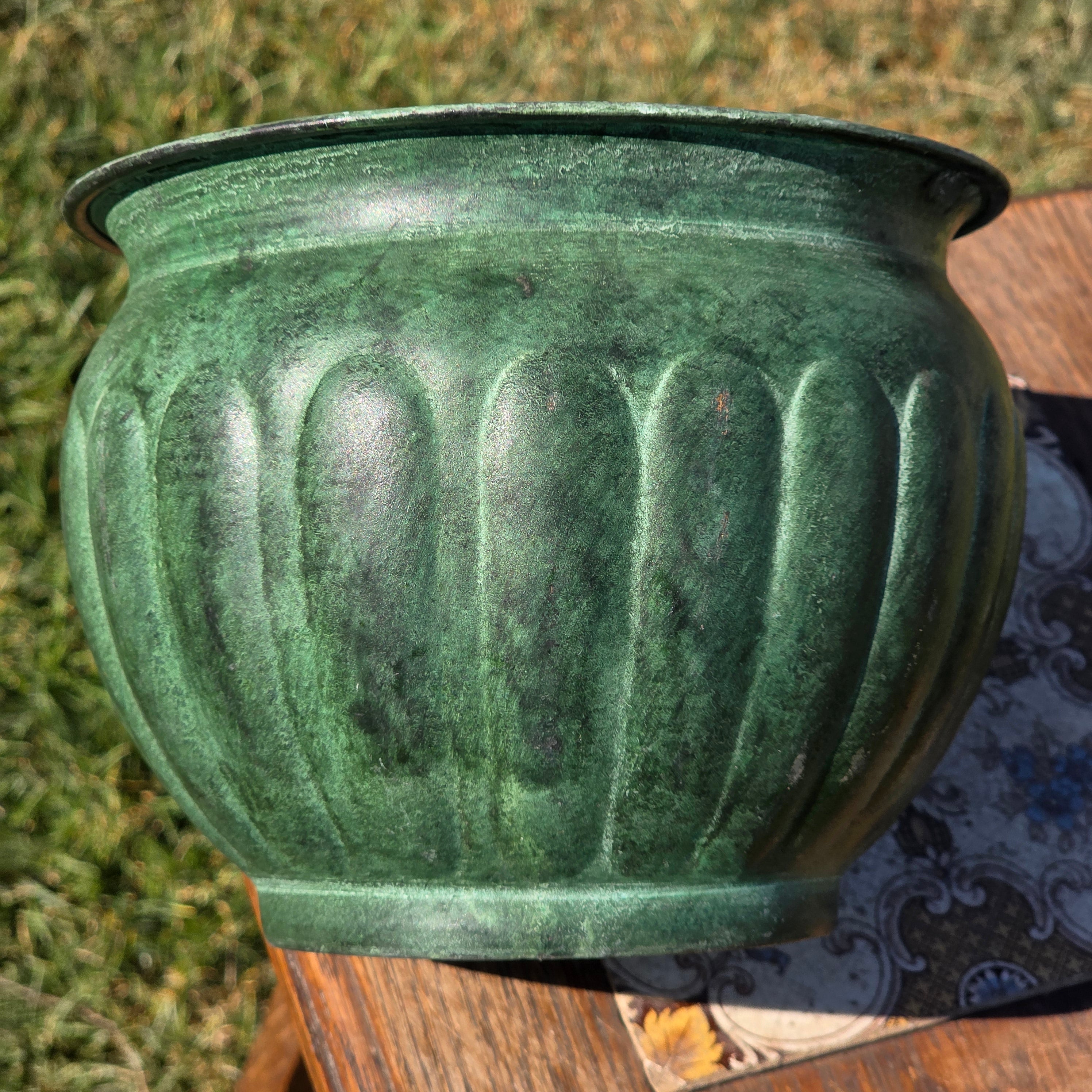 Vintage Verdigris Green Metal Cachepot Planter Pot Fluted Ribbed Flower Urn 7"