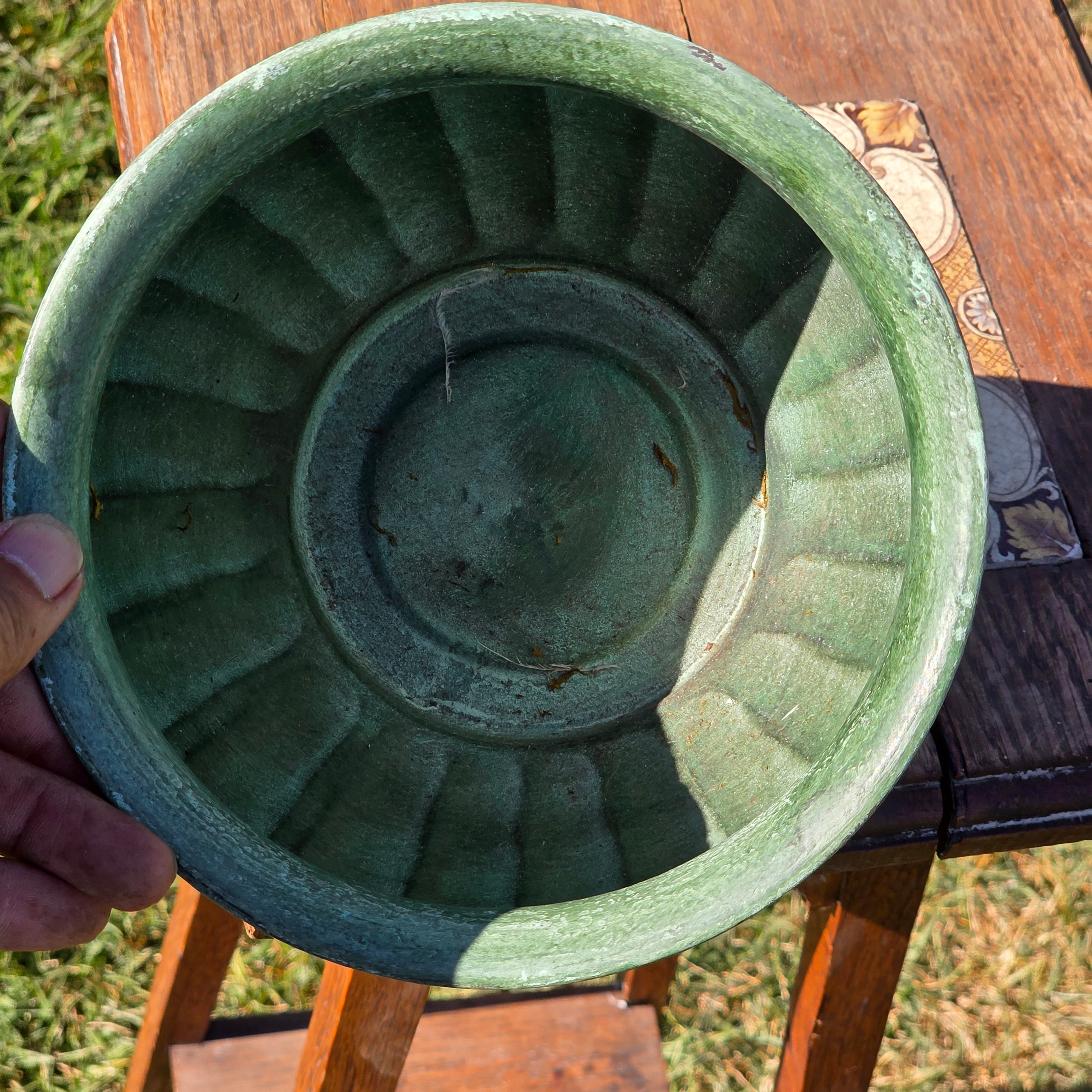 Vintage Verdigris Green Metal Cachepot Planter Pot Fluted Ribbed Flower Urn 7"